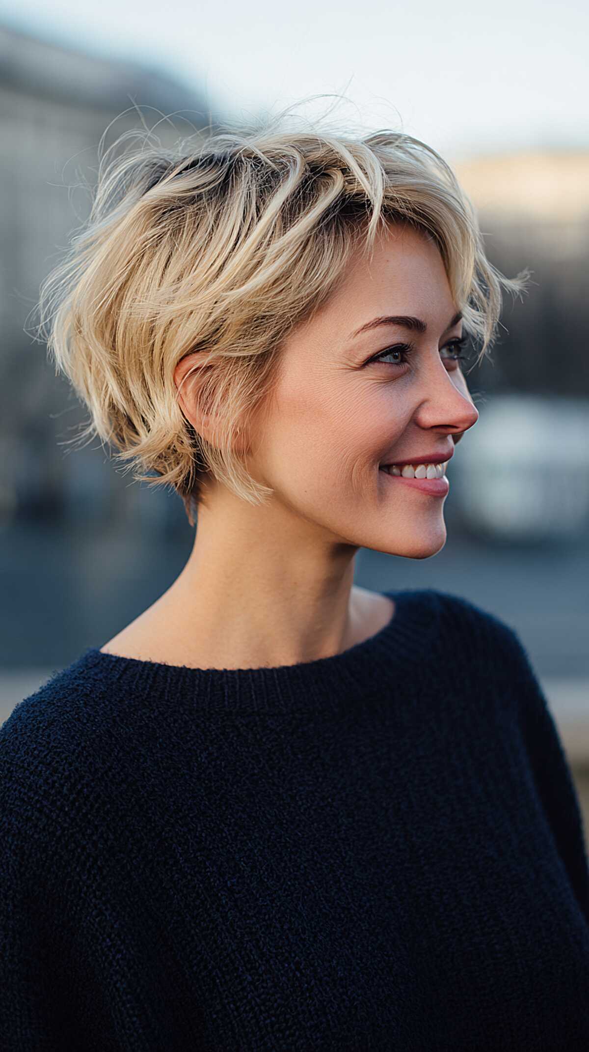 Tousled blonde angled pixie bob with dark shadow roots