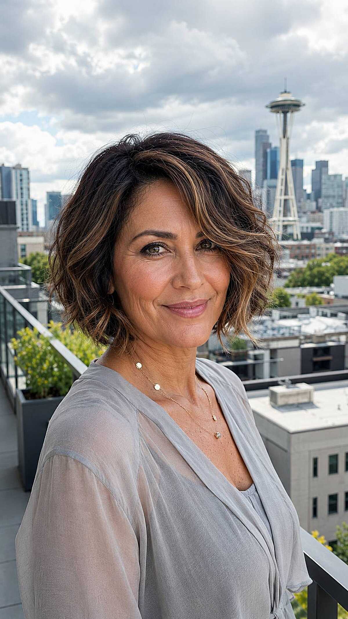 Wavy dark brown chin-length bob with caramel tips