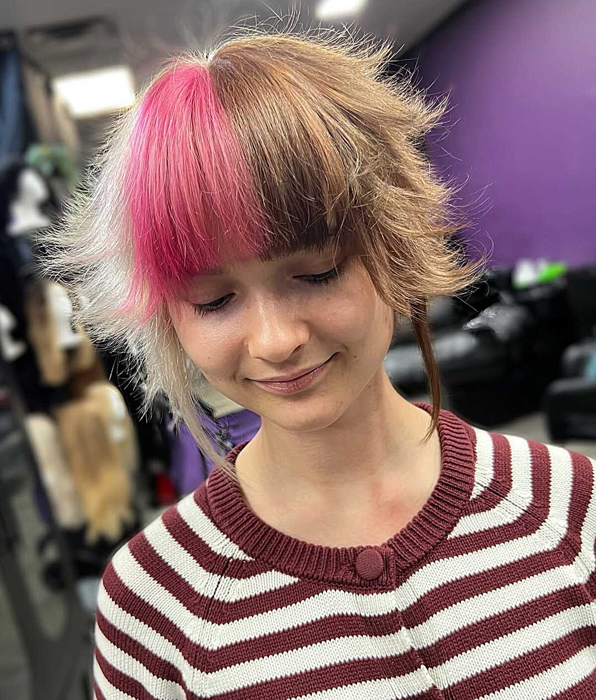 Shaggy bob with hot pink, blonde, and white sections