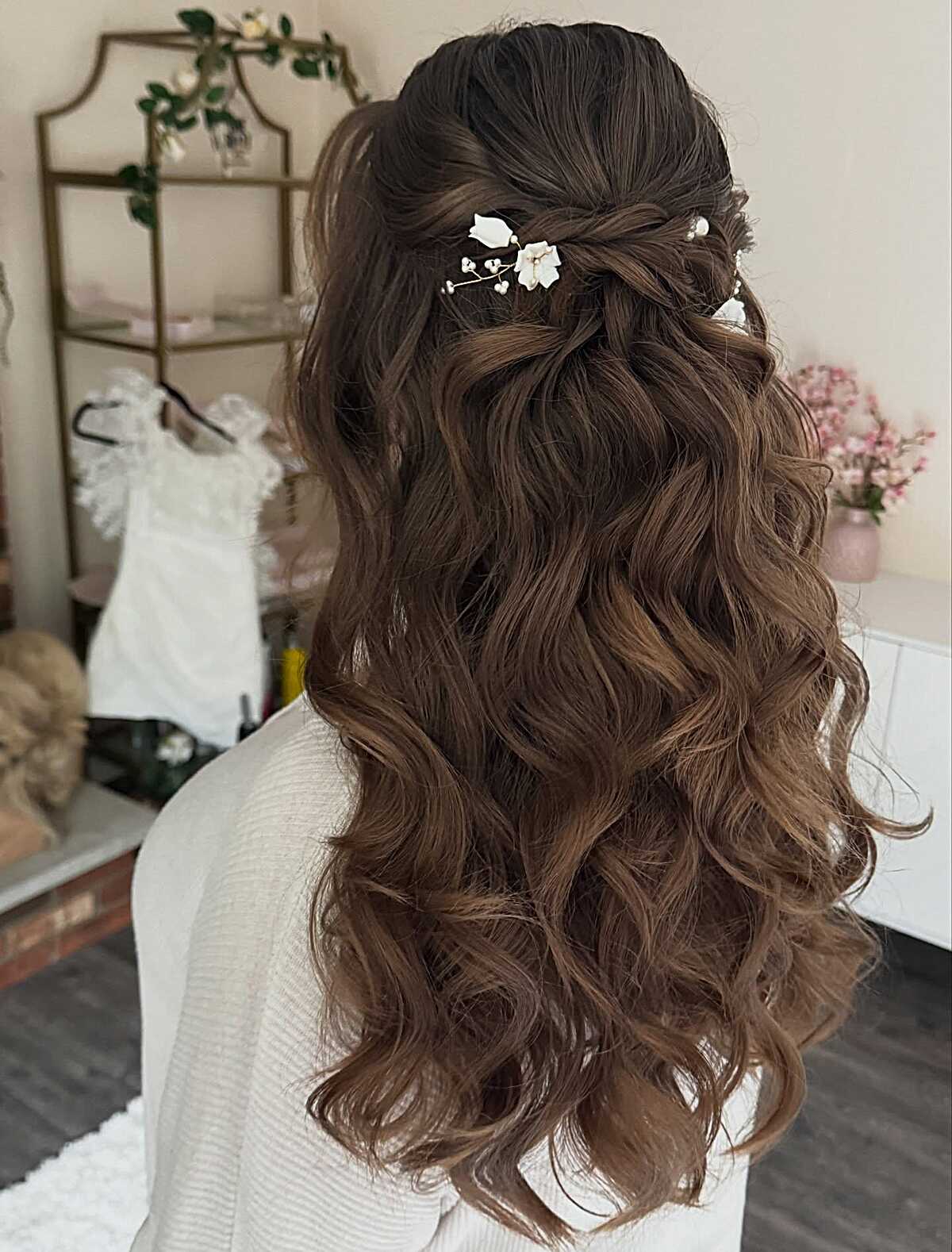Twisted Half Up with Dainty Floral Pins on Curls
