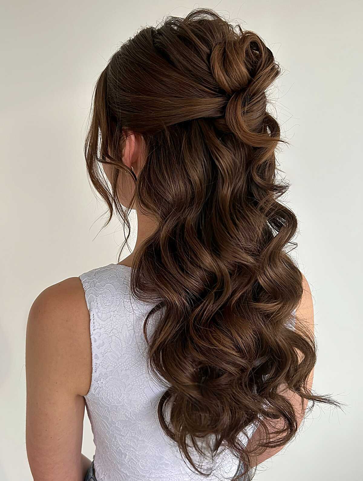 Twisted Rosette with Soft Bridal Waves Half Up
