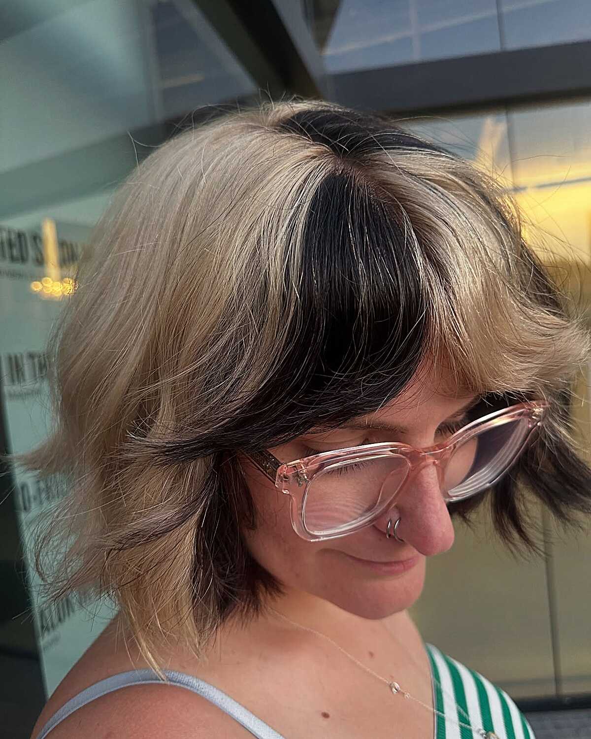Chin-length shag with blonde and black two-tone color