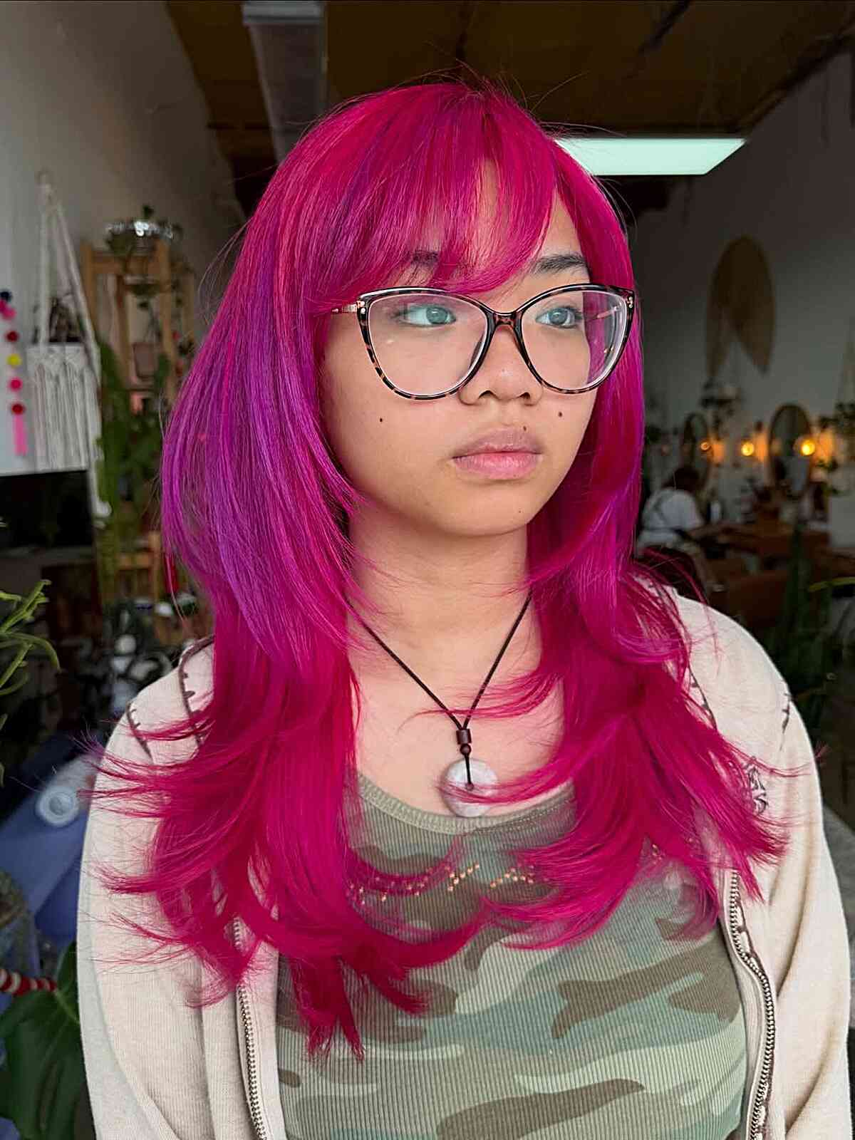 Vibrant Pink Layered Cut with Side Bangs