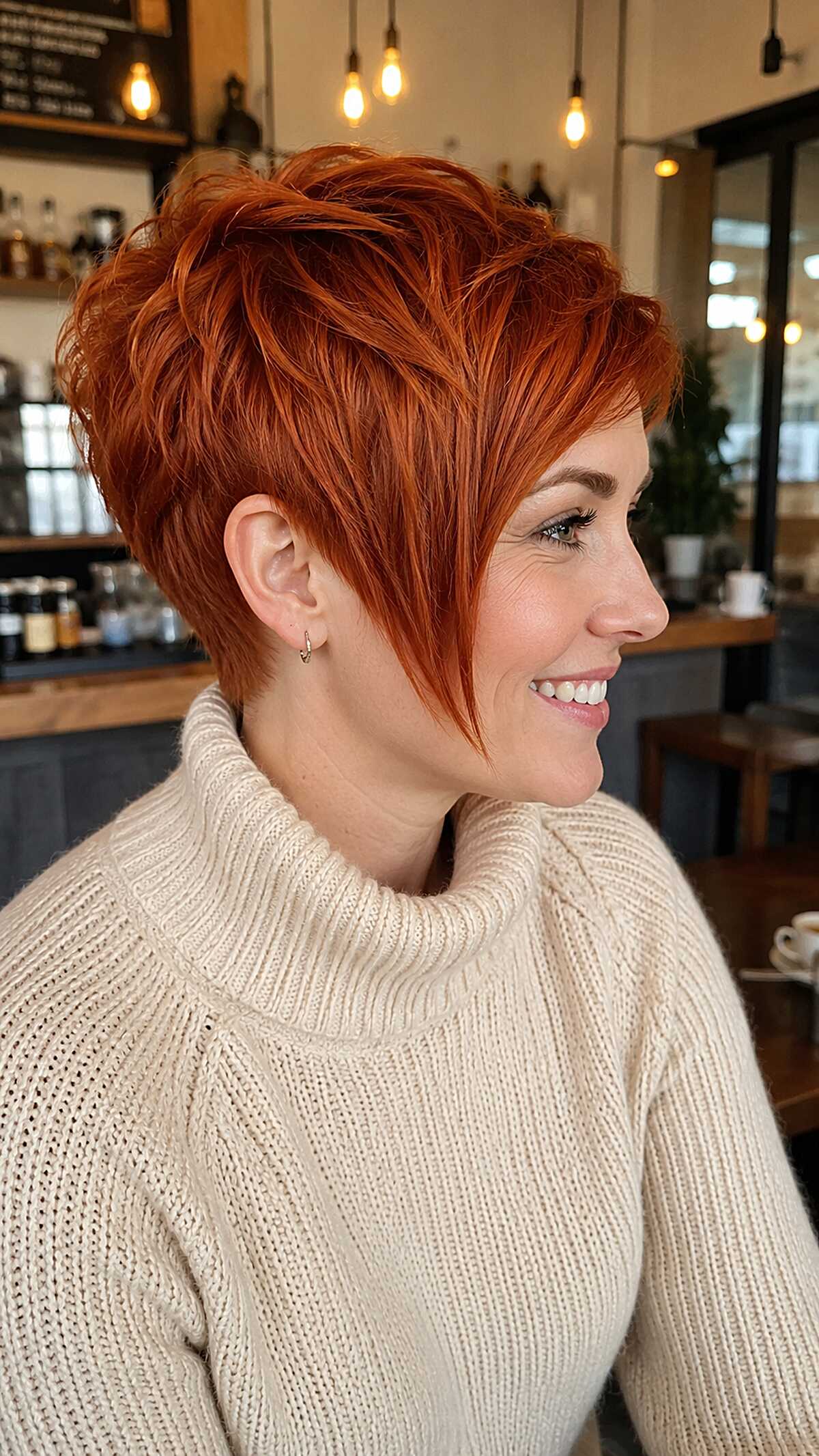 Vivid copper red angled pixie with layered volume