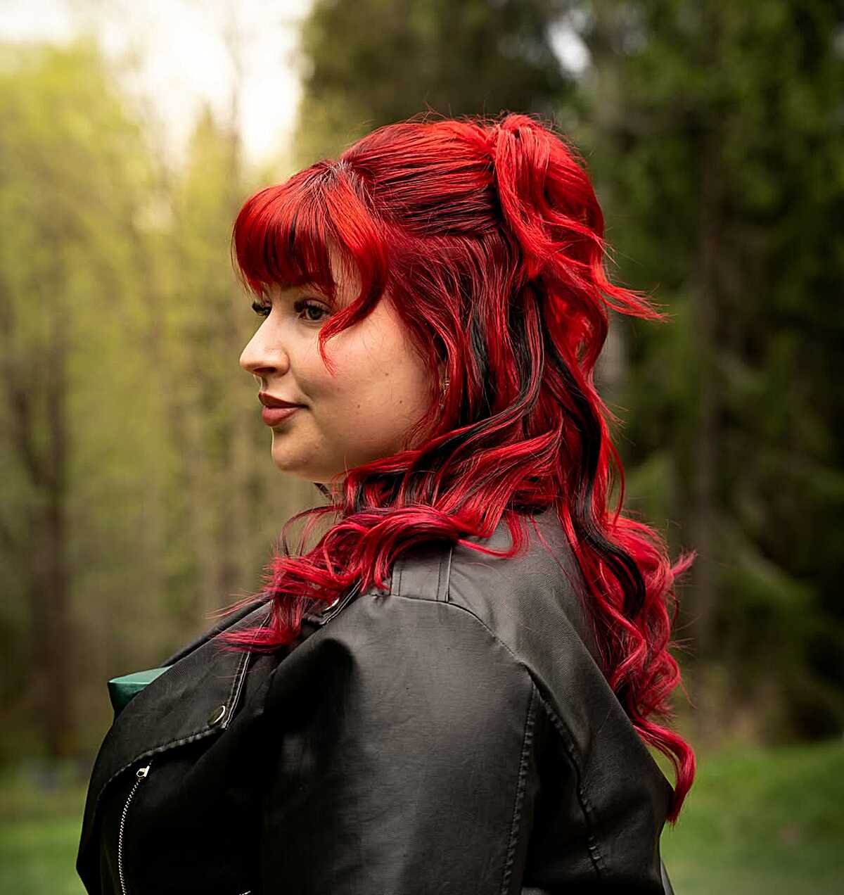 Vivid Red Curls with Rockabilly Half Up and Bangs