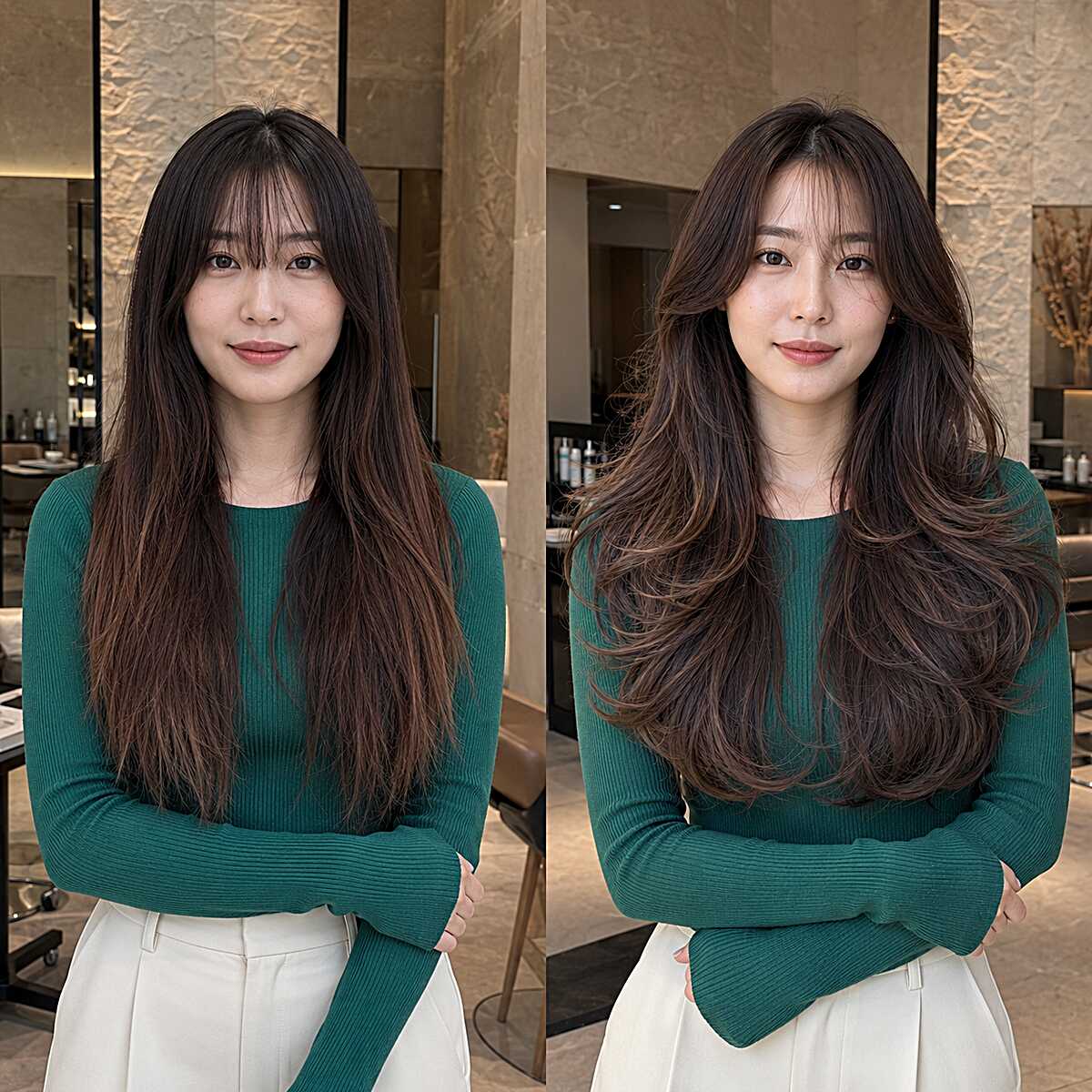Voluminous blowout layers on long dark brunette hair