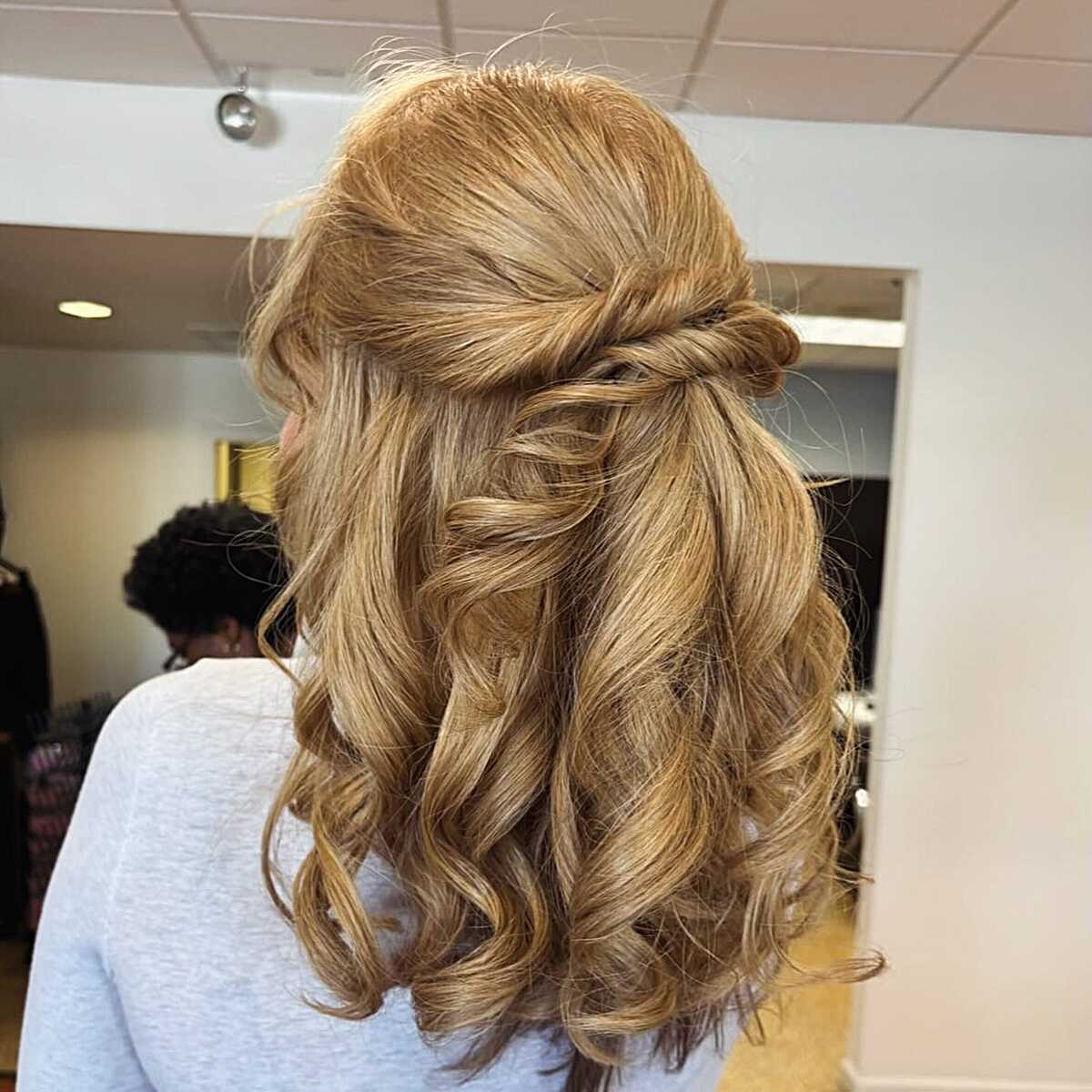 Warm Blonde Twisted Half Up on Medium Length Curls