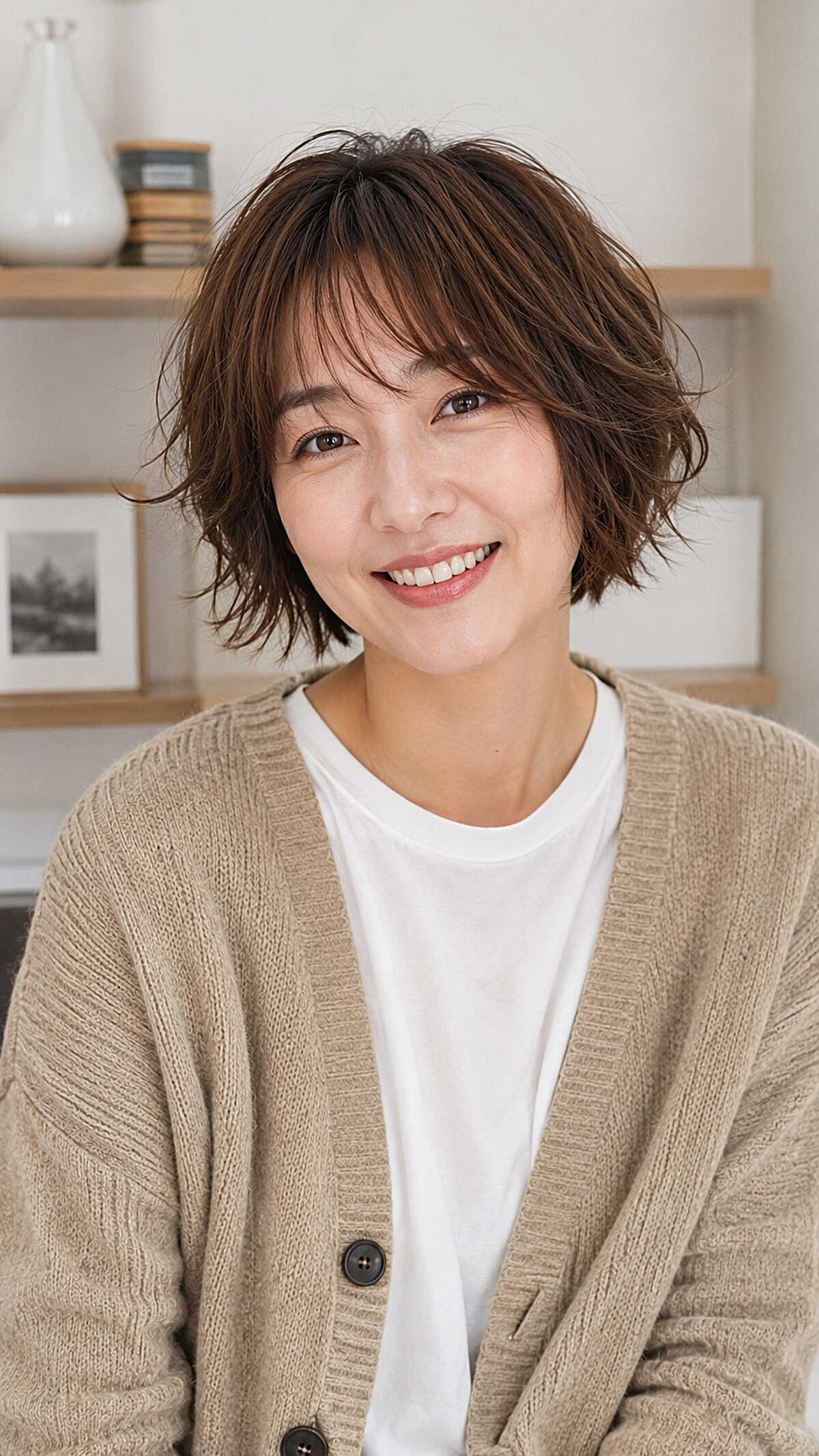 Warm Brunette Feathered Choppy Bob with Wispy Curtain Bangs