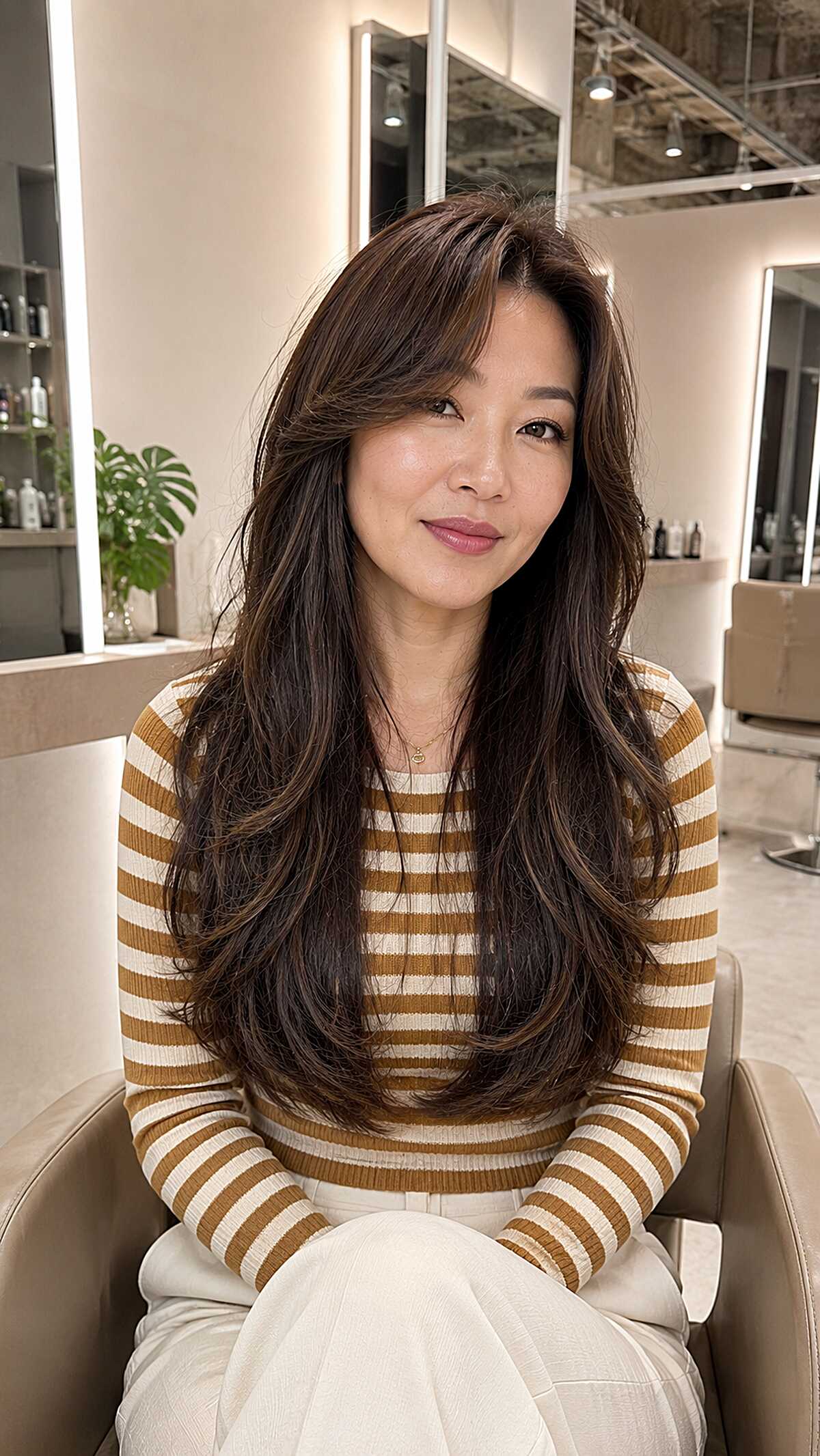Warm brunette long layered hair with side-swept fringe