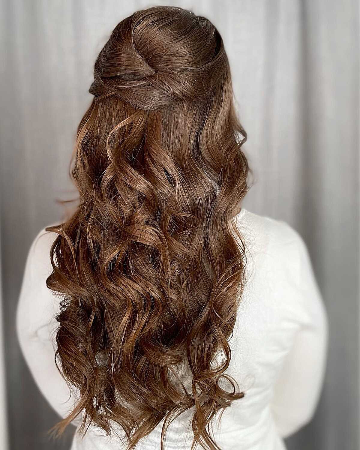 Warm Chestnut Waves with Wrapped Twist Half Up