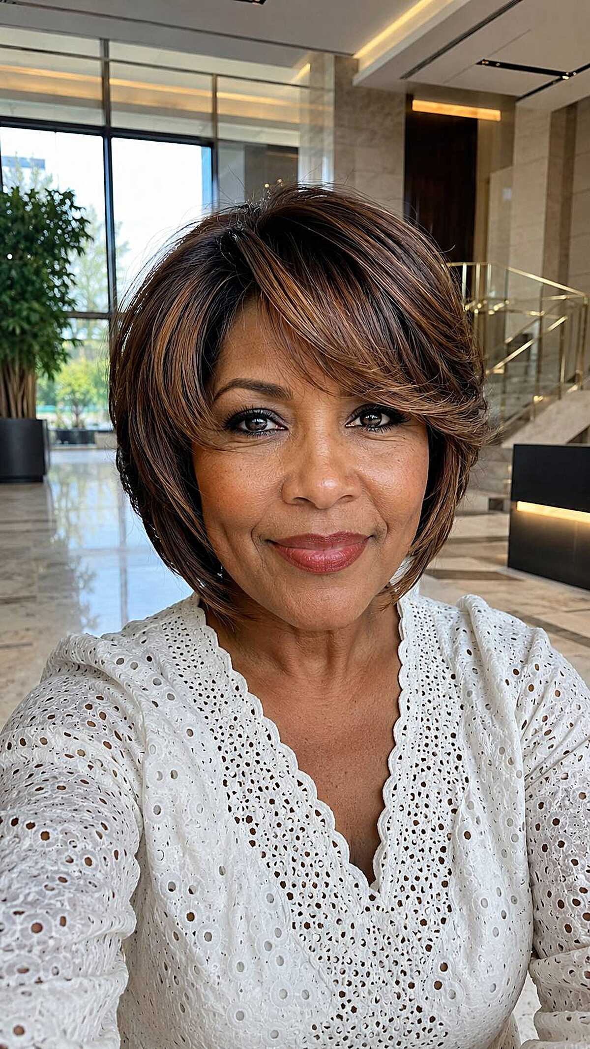 Dark brown chin-length bob with caramel highlights and bangs