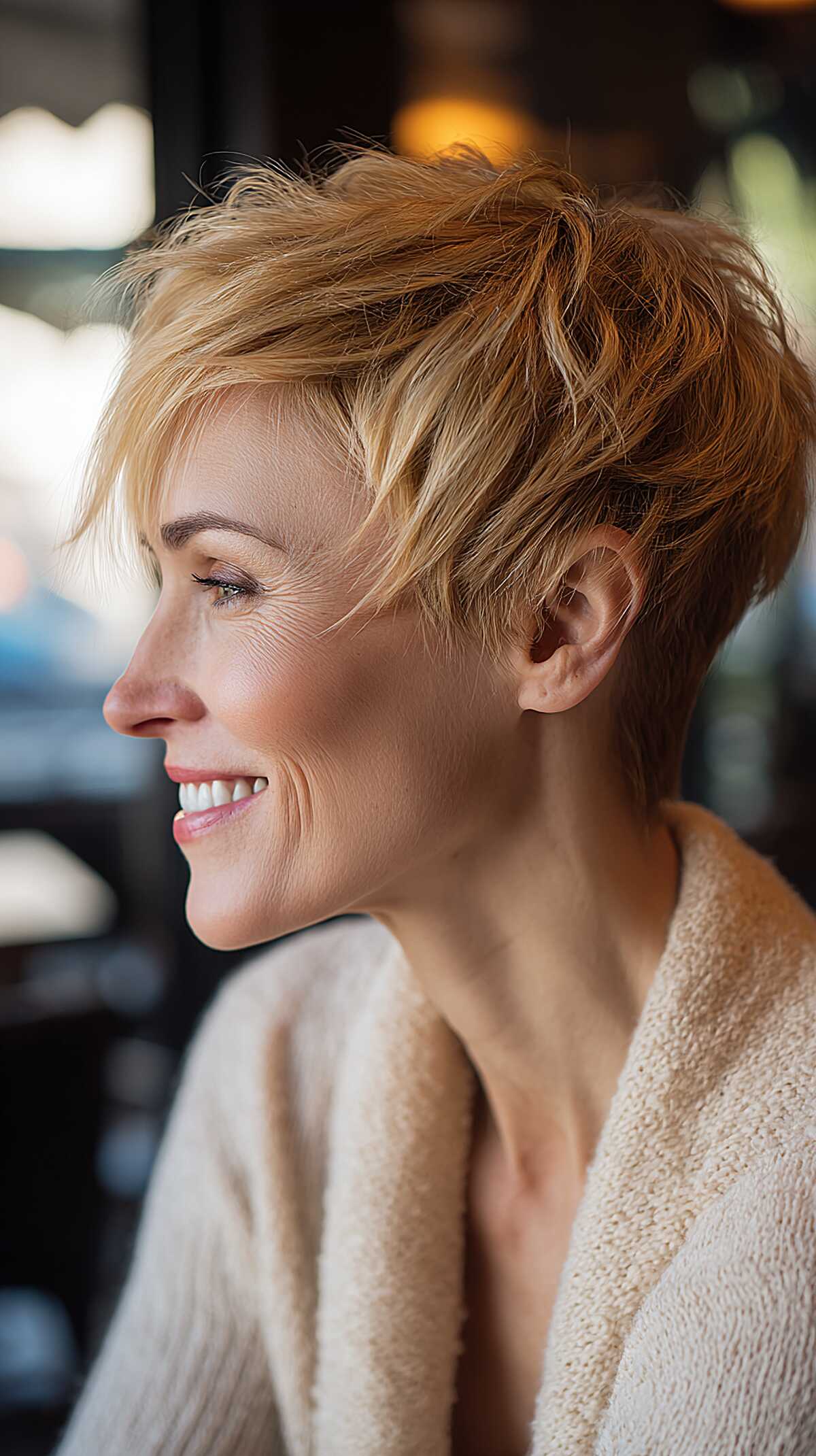 Warm strawberry blonde textured angled pixie cut
