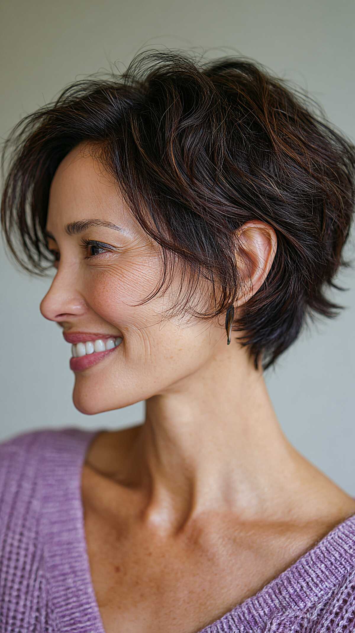 Wavy dark brunette angled pixie bob with soft layers