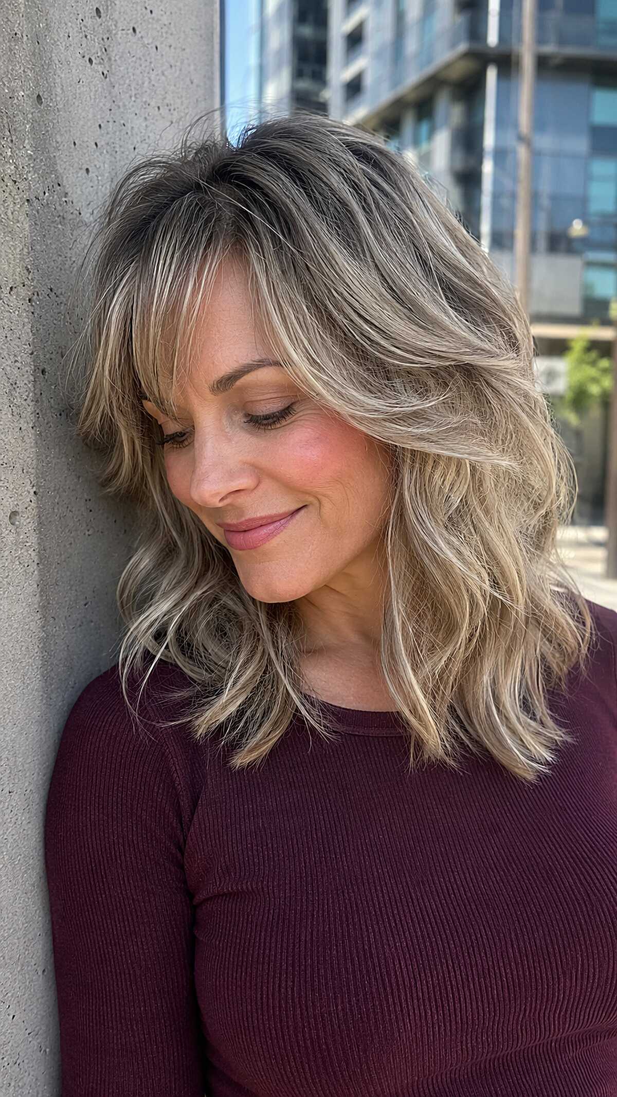 Shoulder-length ash blonde wavy lob with lowlights