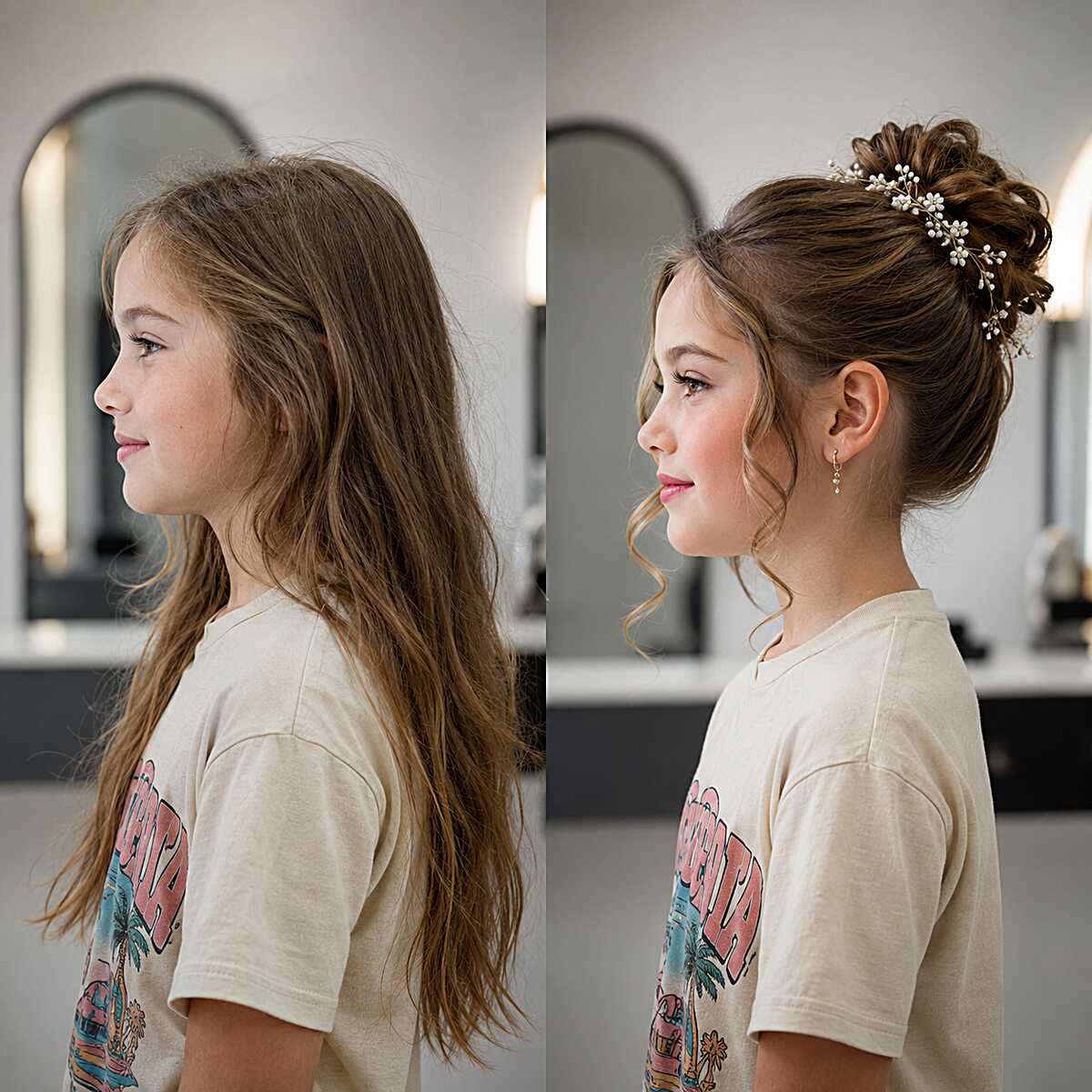 Before and after of textured high bun with pearl vine accent