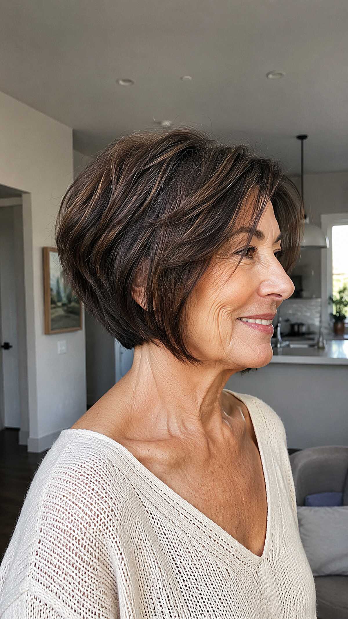 Layered brunette angled bob with caramel highlights