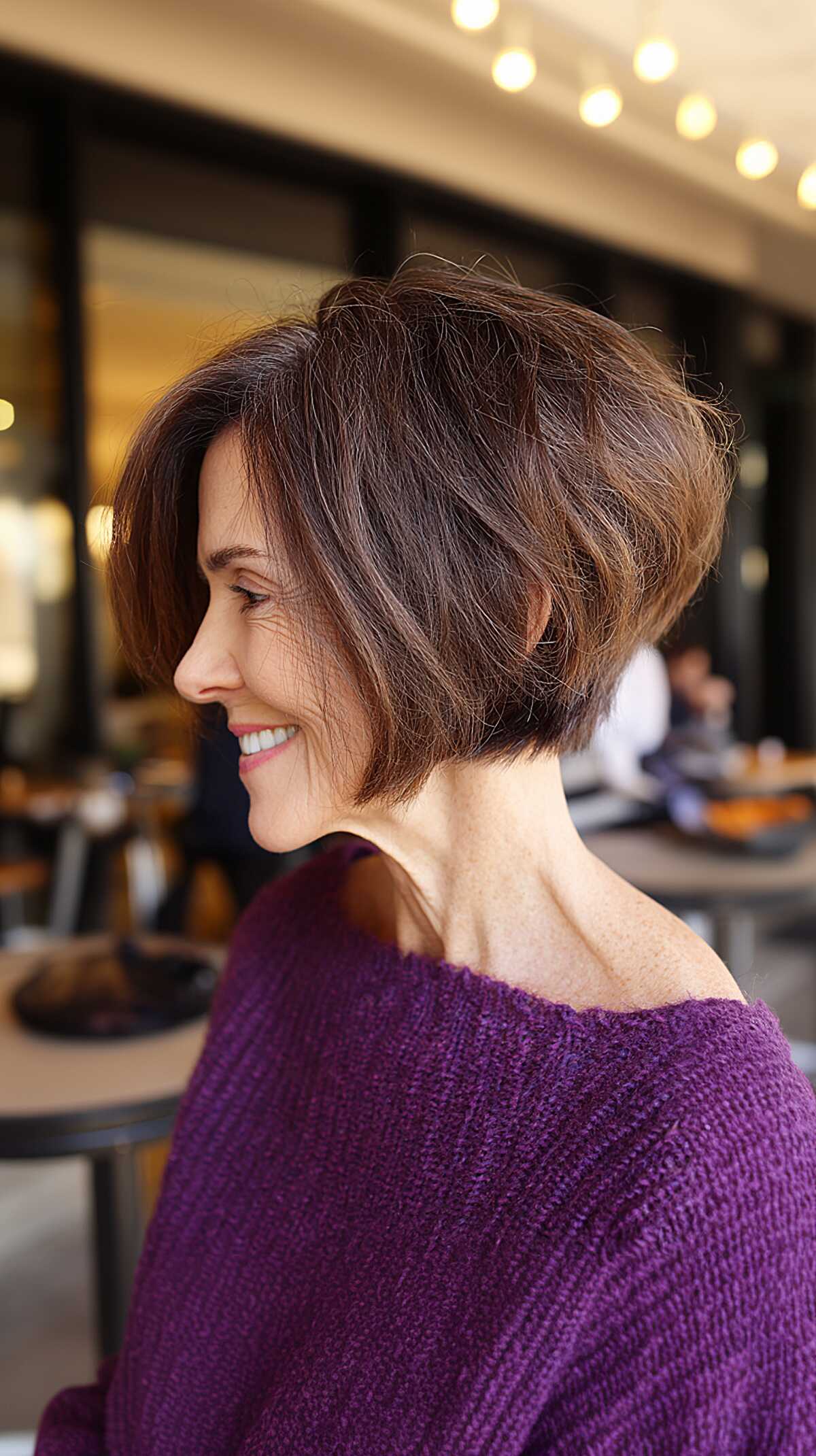 Brunette textured nape-length angled bob