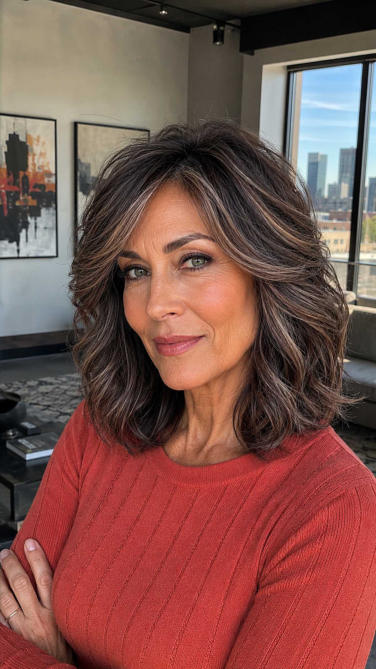 Shoulder-length wavy brunette with dimensional highlights