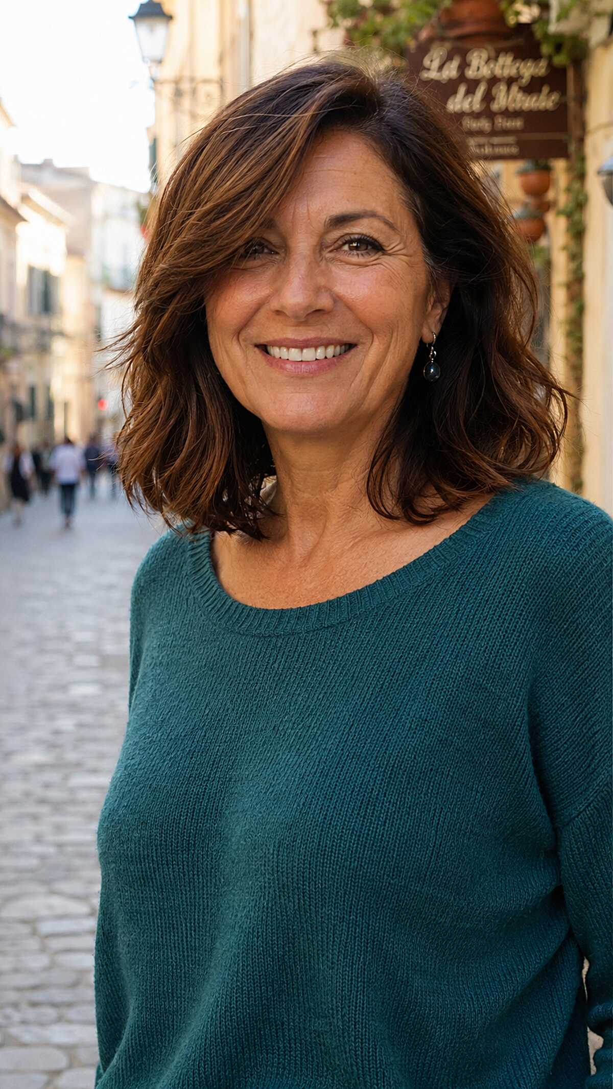 Chocolate brown shoulder-length cut with side-swept waves