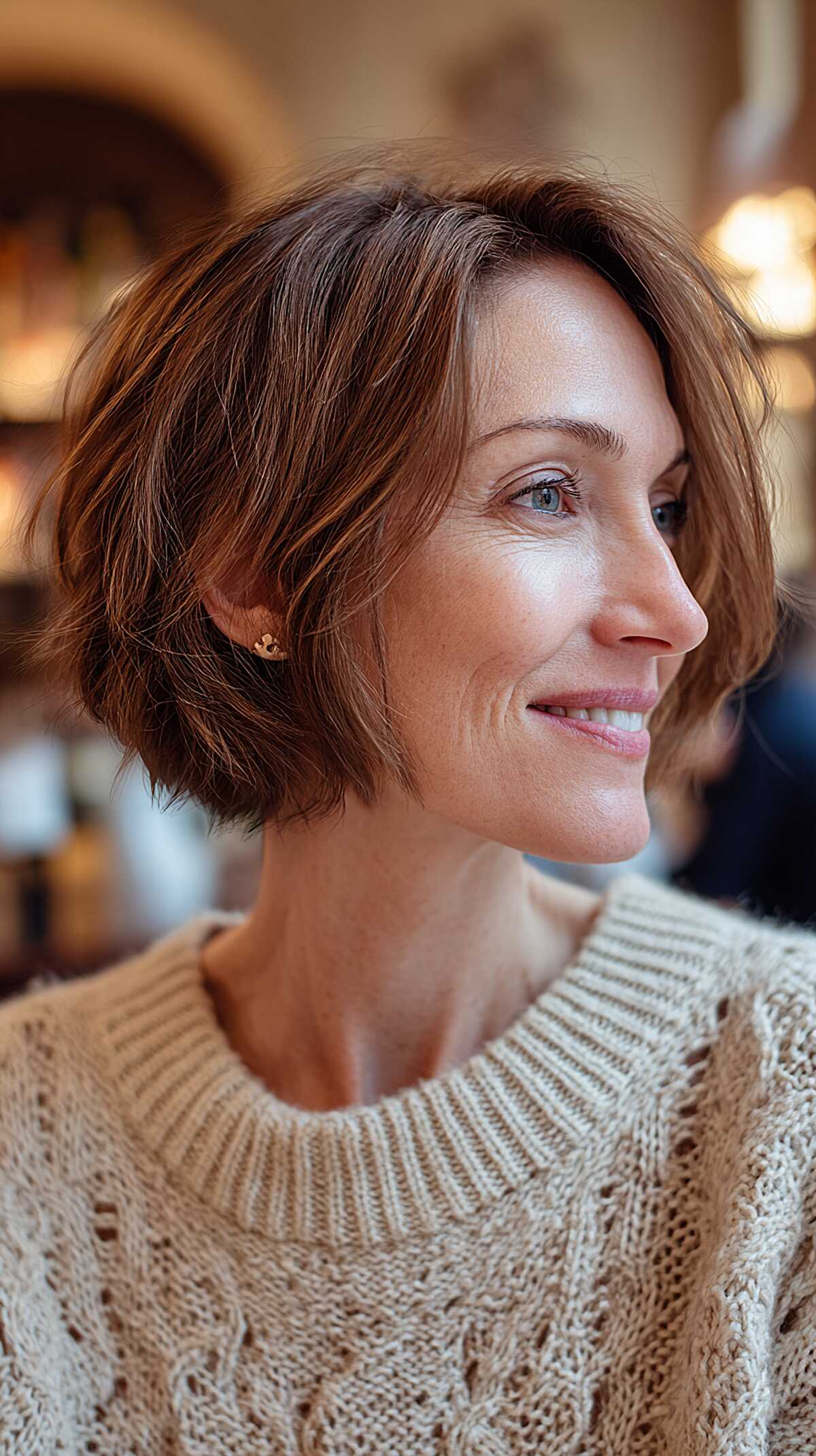 Choppy Textured Auburn Chin-Length Bob in Profile