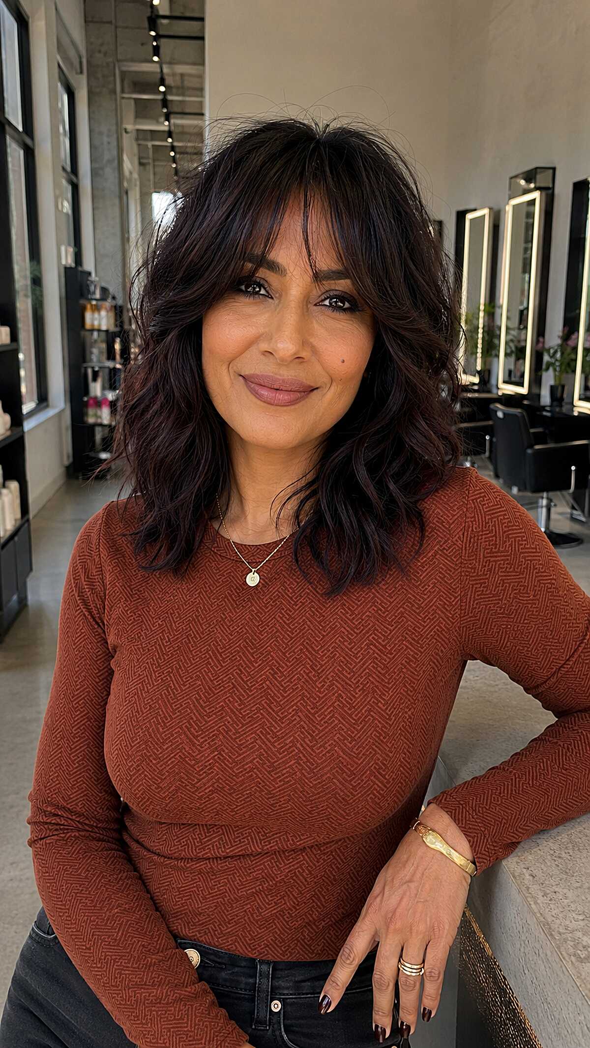 Dark wavy shoulder-length shag with curtain fringe