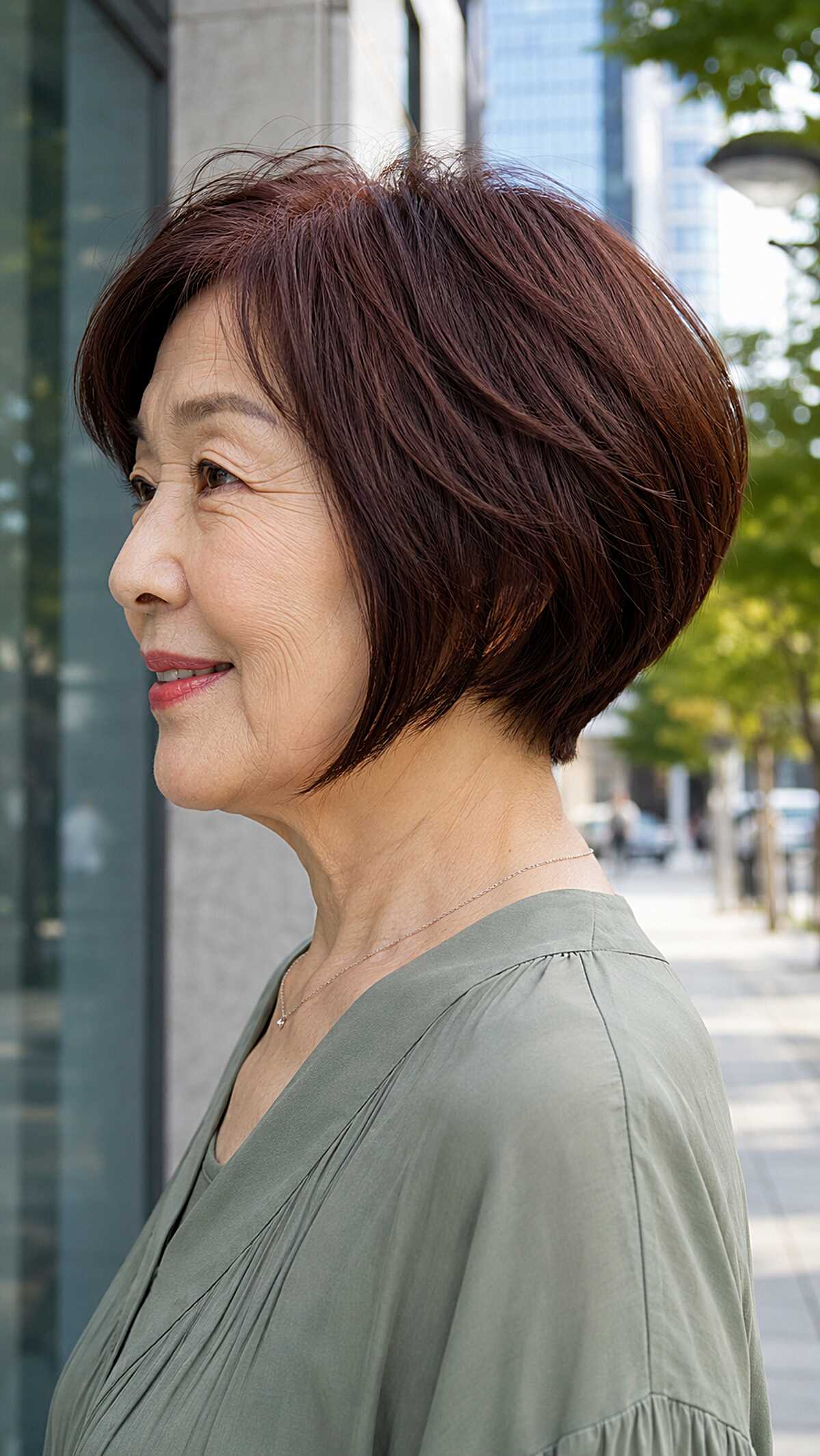 Deep burgundy sleek angled bob with smooth finish