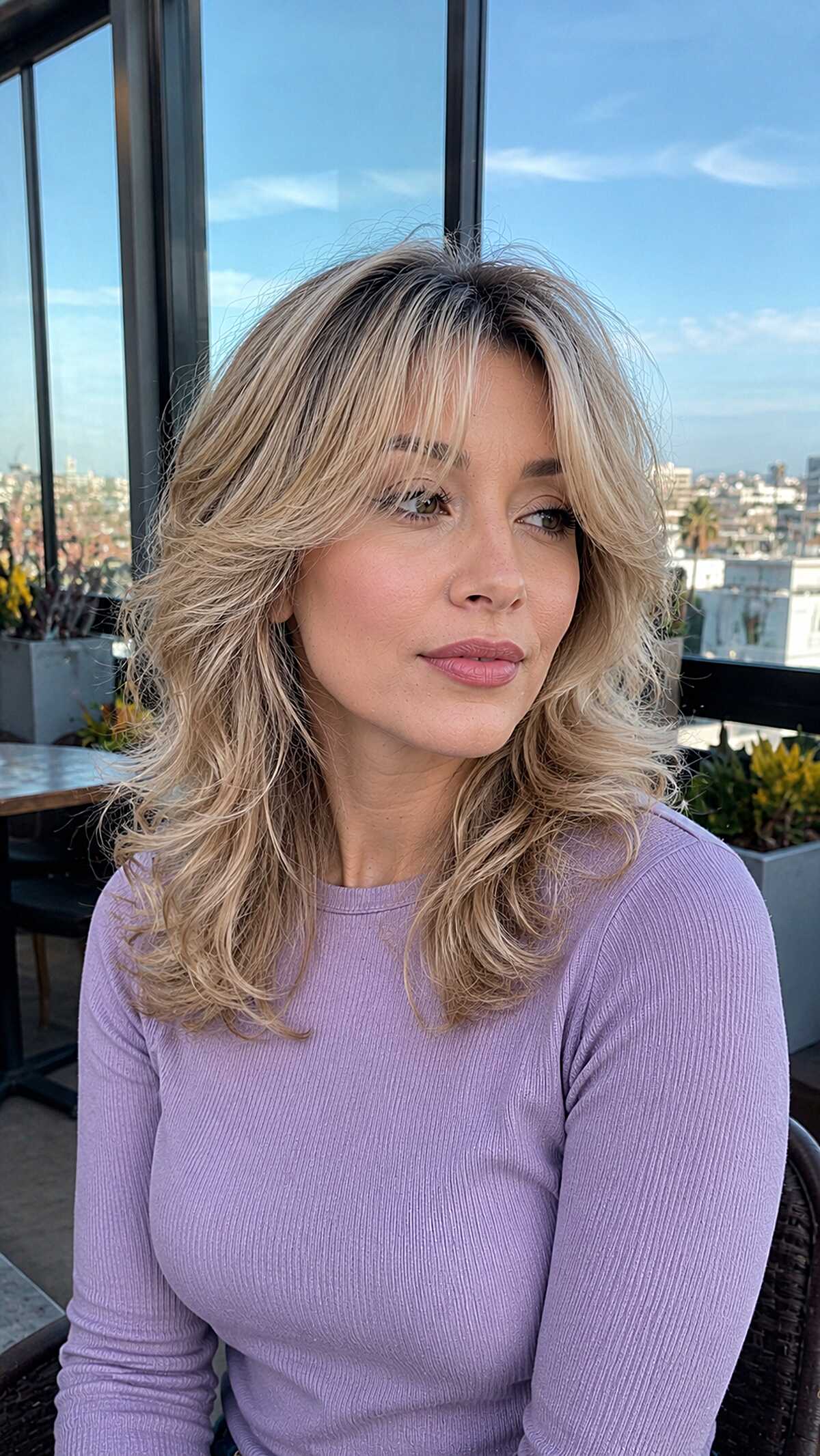 Medium-length feathered blonde shag with curtain bangs