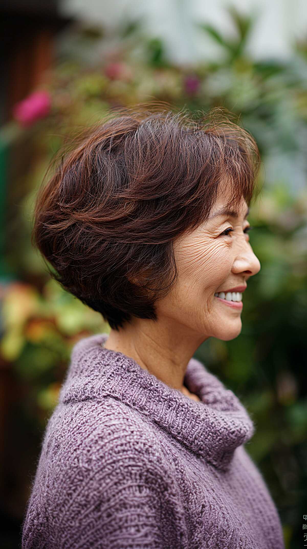 Feathered brunette angled bob with soft movement