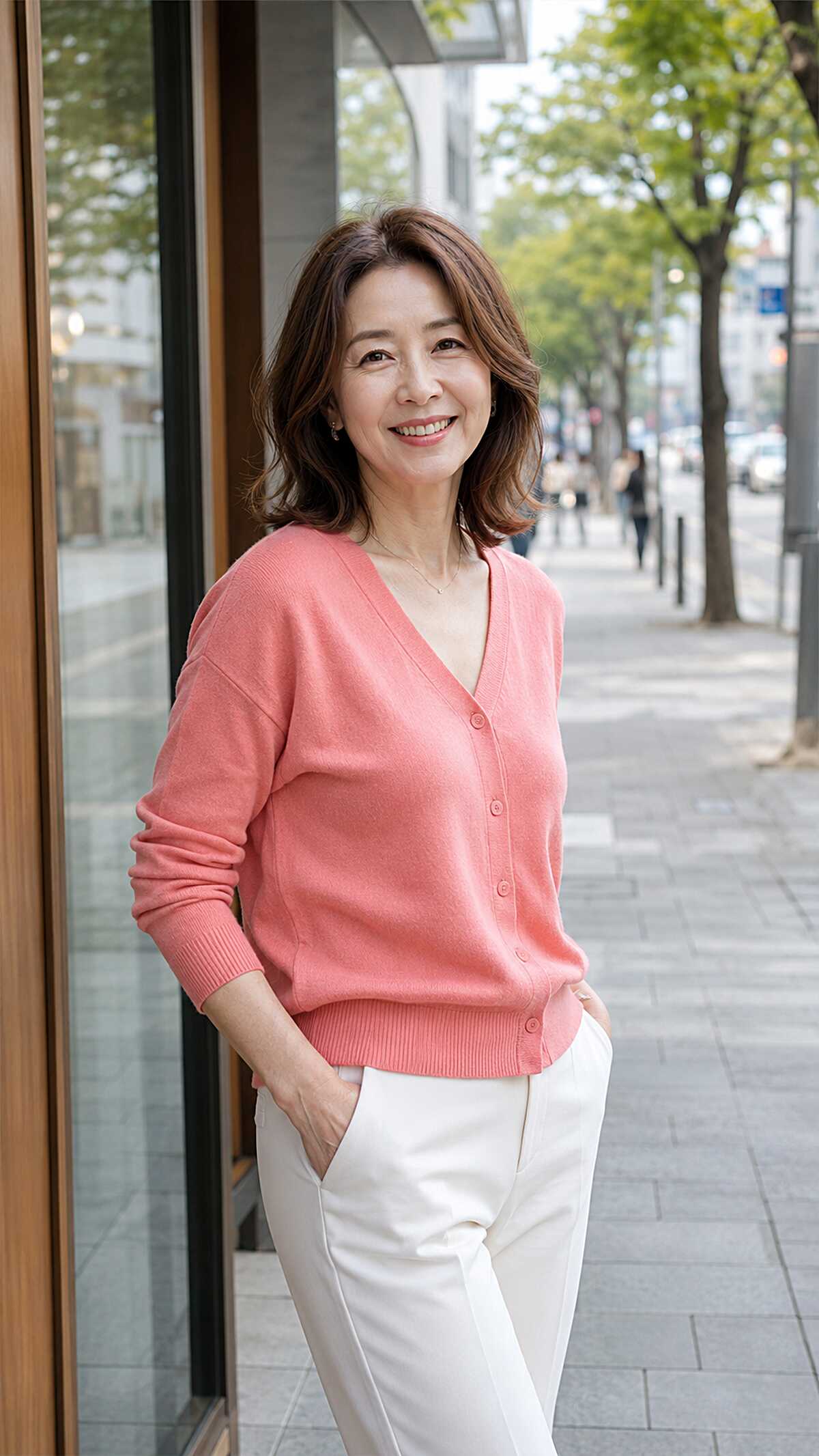 Feathered brunette shoulder-length with flipped ends