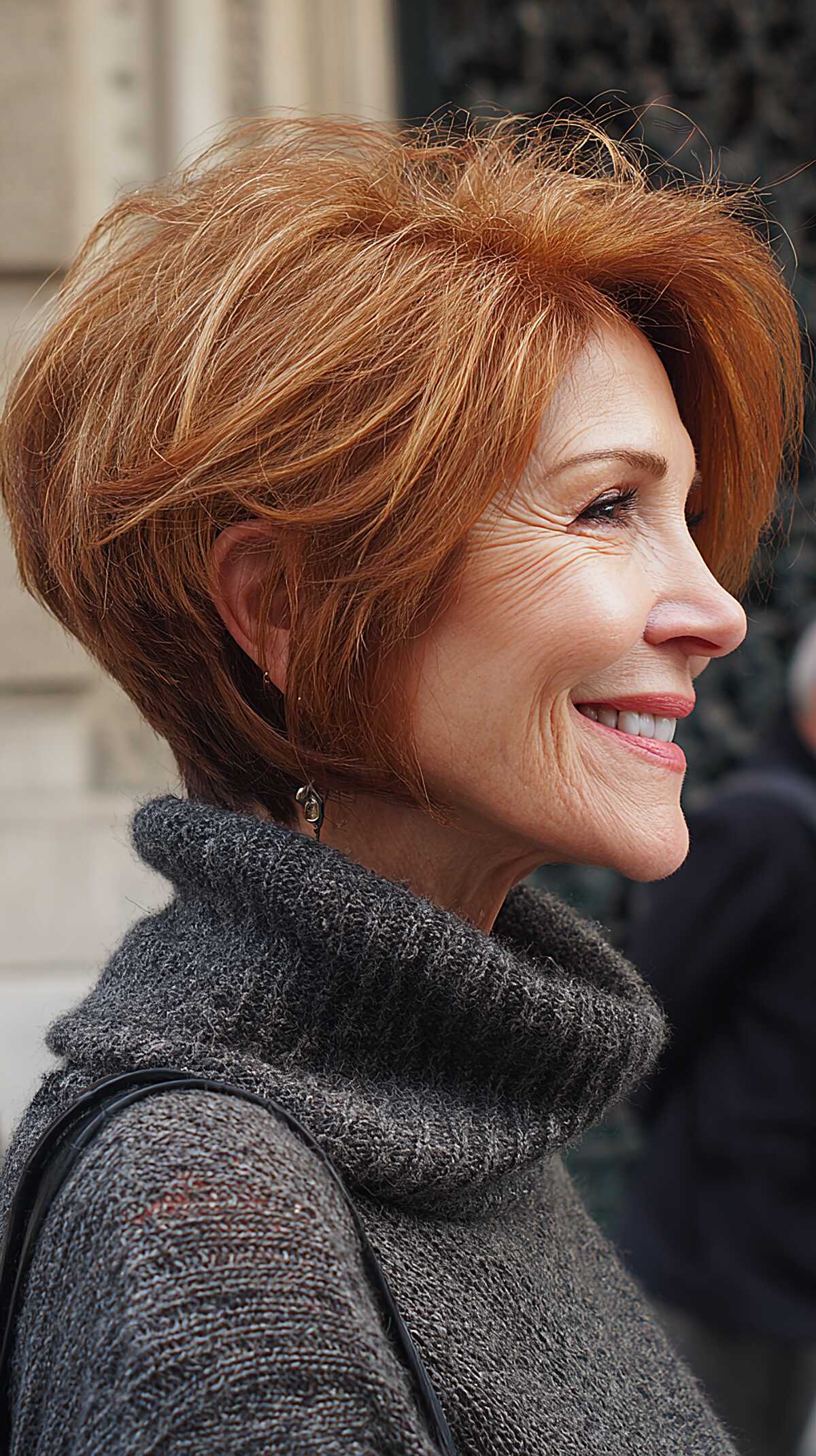 Fiery copper swept-back angled bob with volume