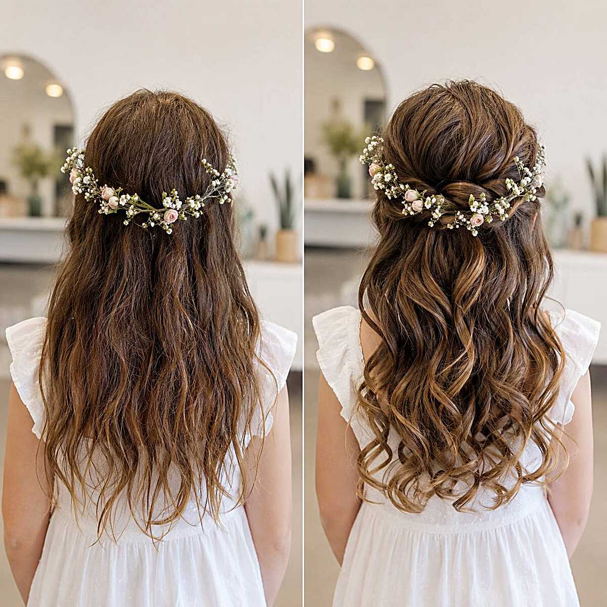Before and after half-up style with baby's breath crown