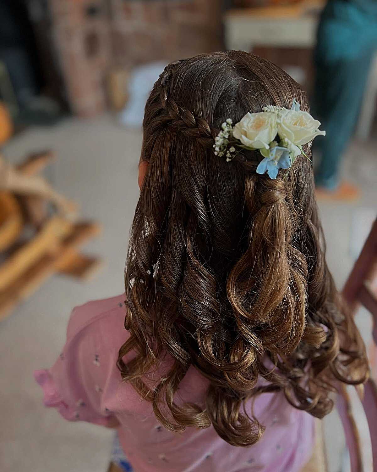 Flower girl half-up braid with roses and curled ends