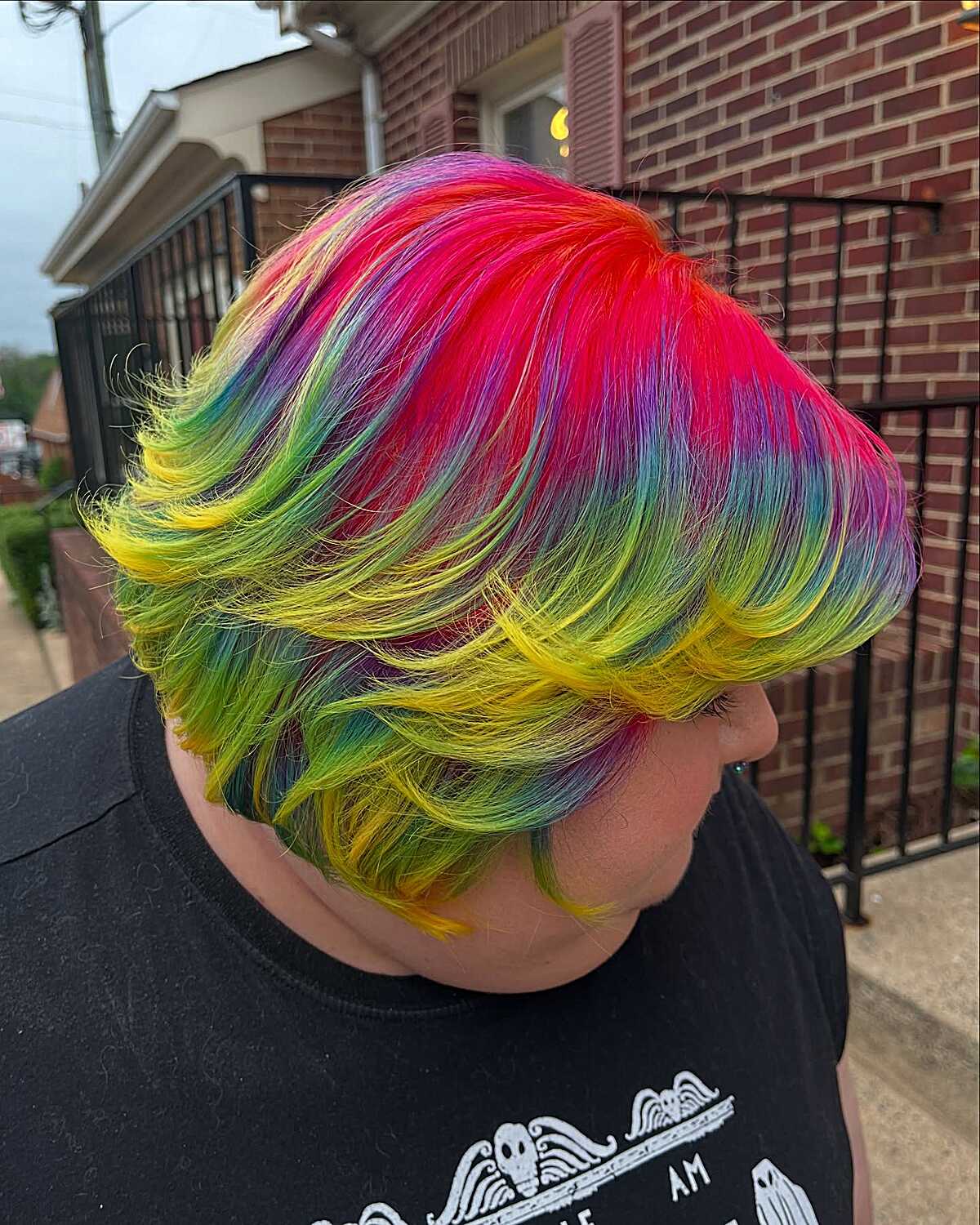 Bob-length hair in full rainbow colors from root to tip