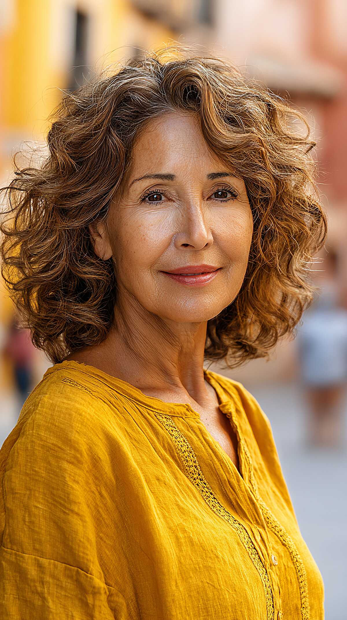 Golden caramel curly shoulder-length hair