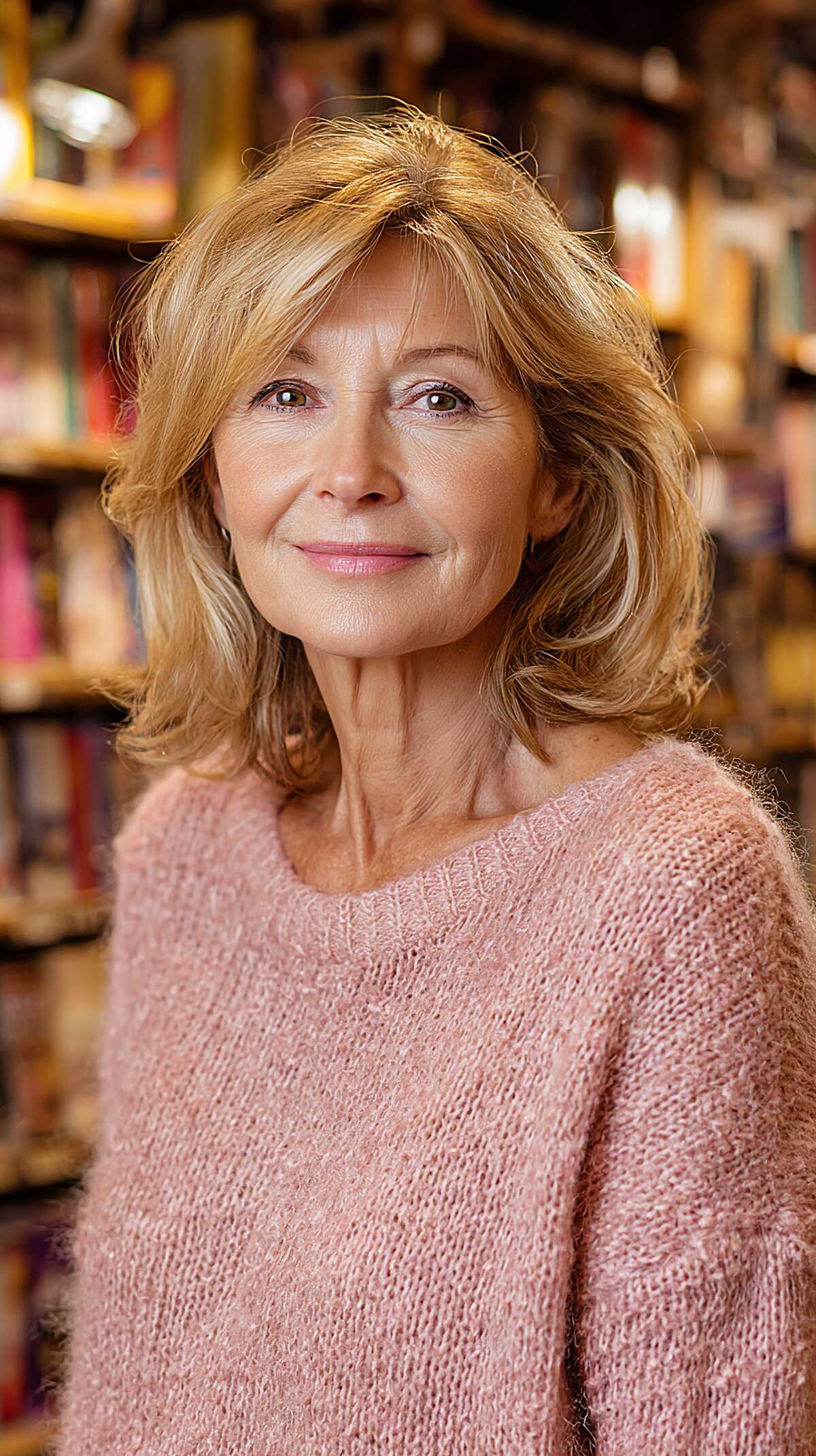 Honey blonde shoulder-length with soft flipped layers
