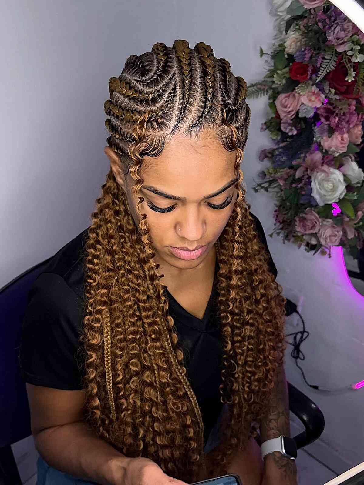 Intricate Ghana Braids with Long Curly Extensions