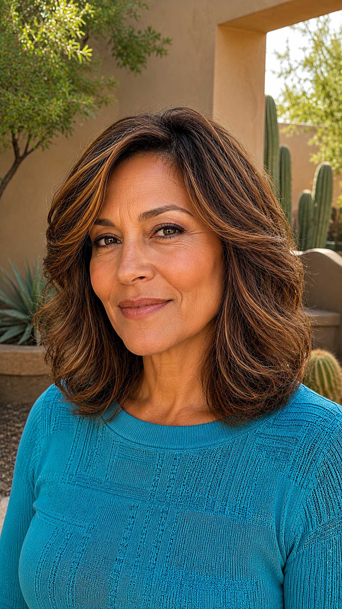 Shoulder-length layered wavy bob with warm brown highlights