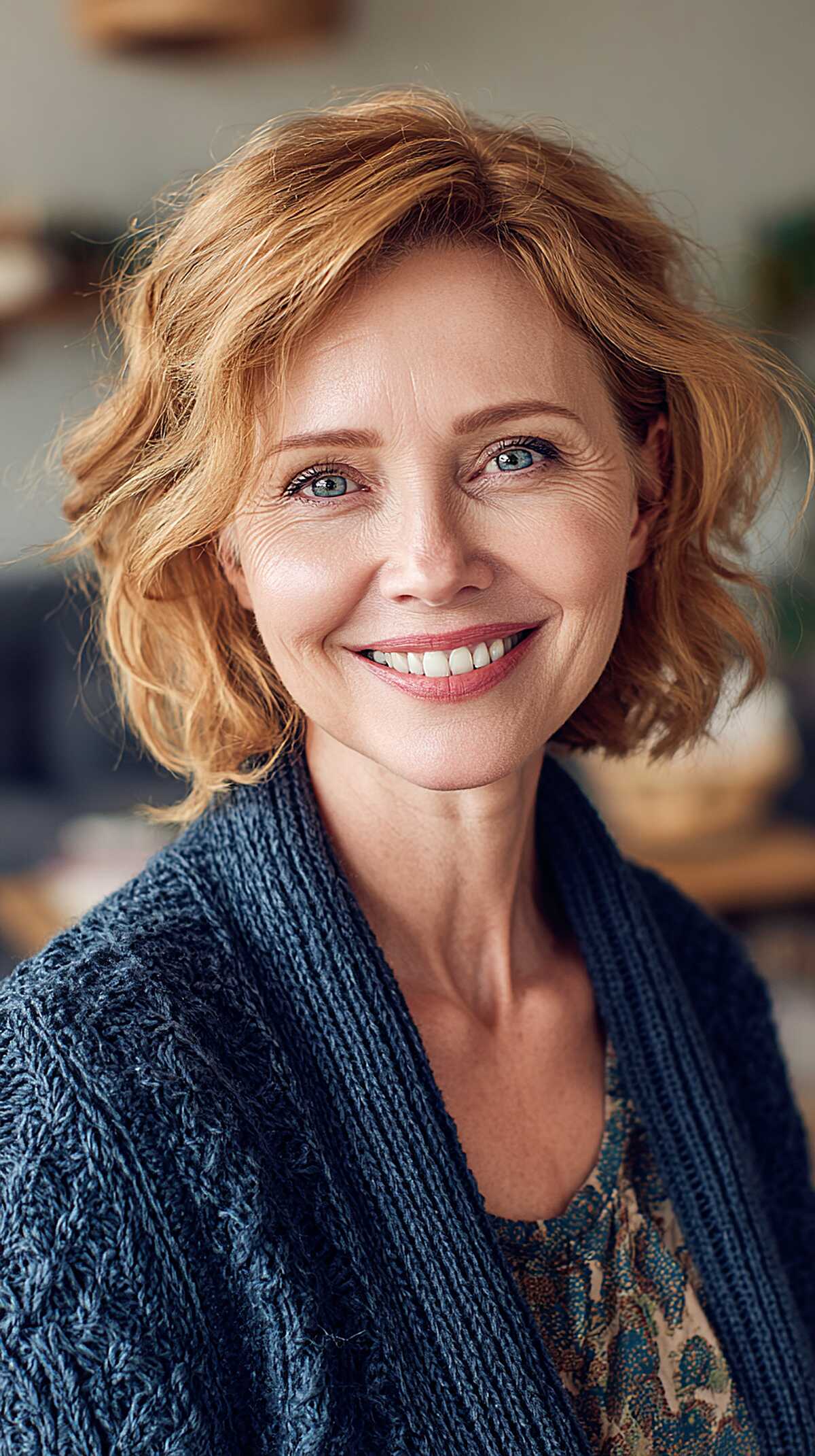 Strawberry Blonde Wavy Chin-Length Bob with Volume