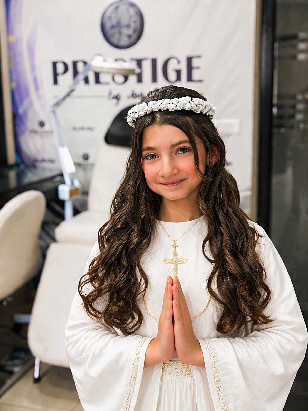 Long loose waves with white rose flower crown for Communion