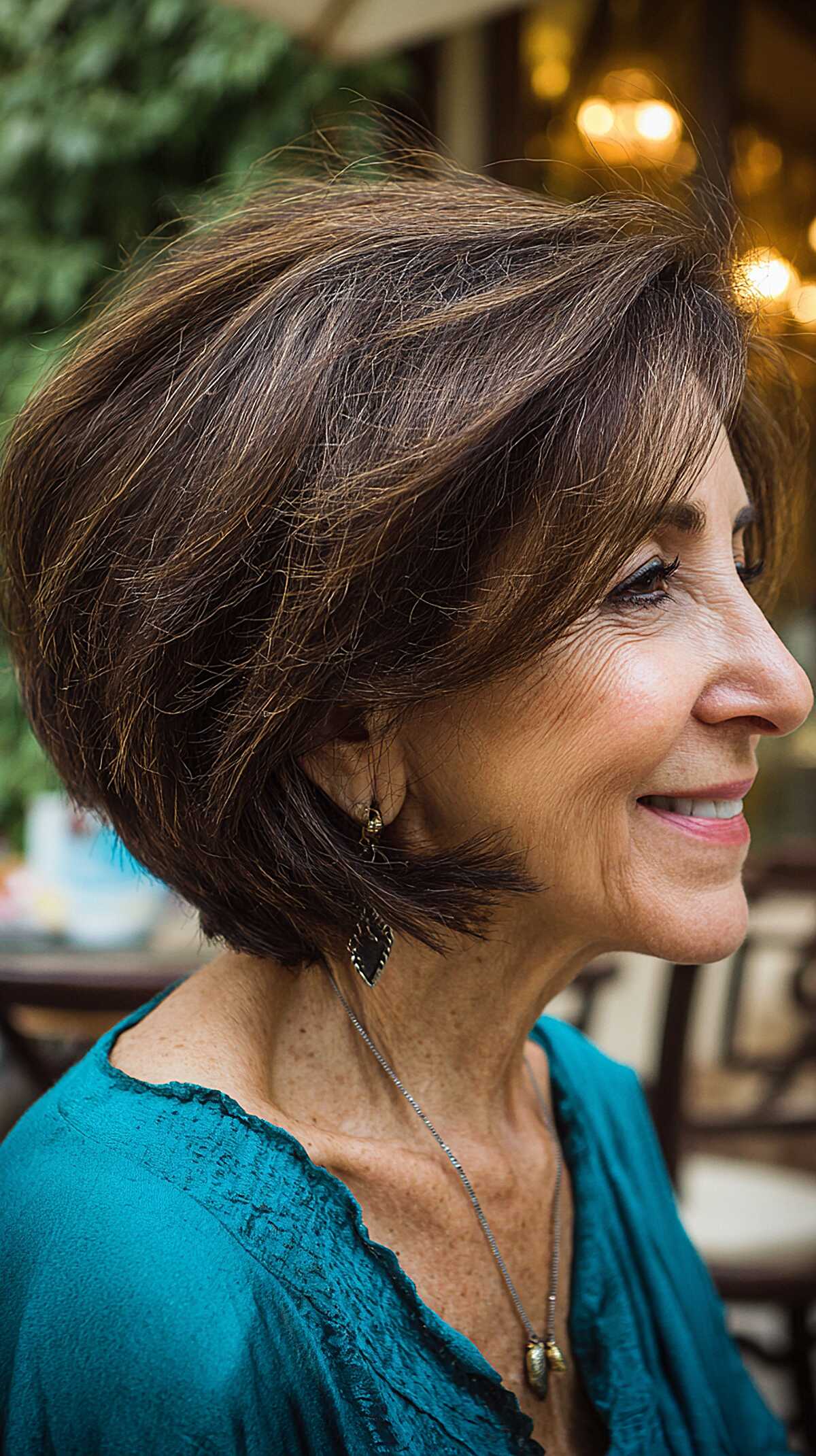 Natural brunette side-swept angled bob at dinner