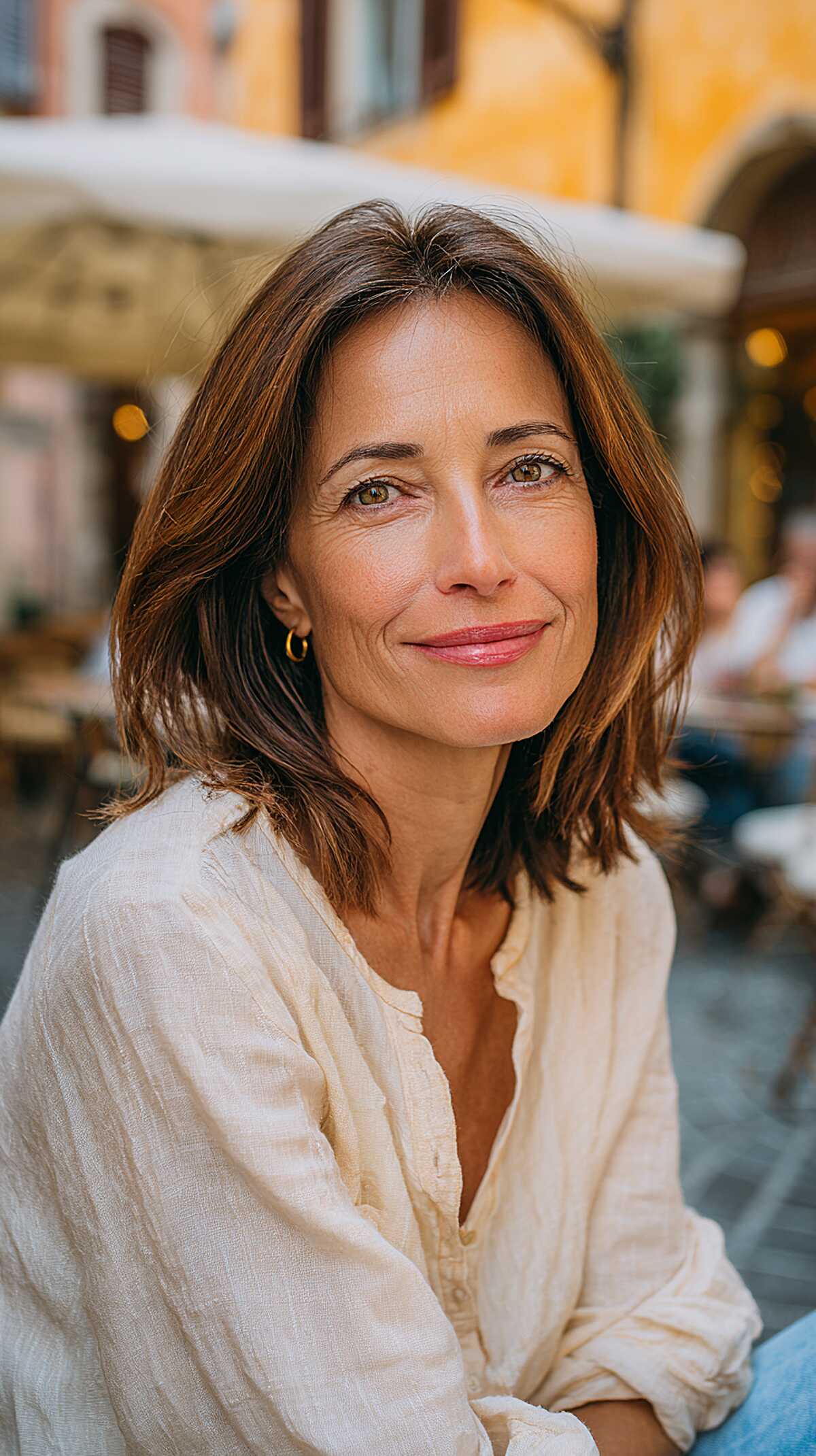 Chestnut lob with subtle layers and center part