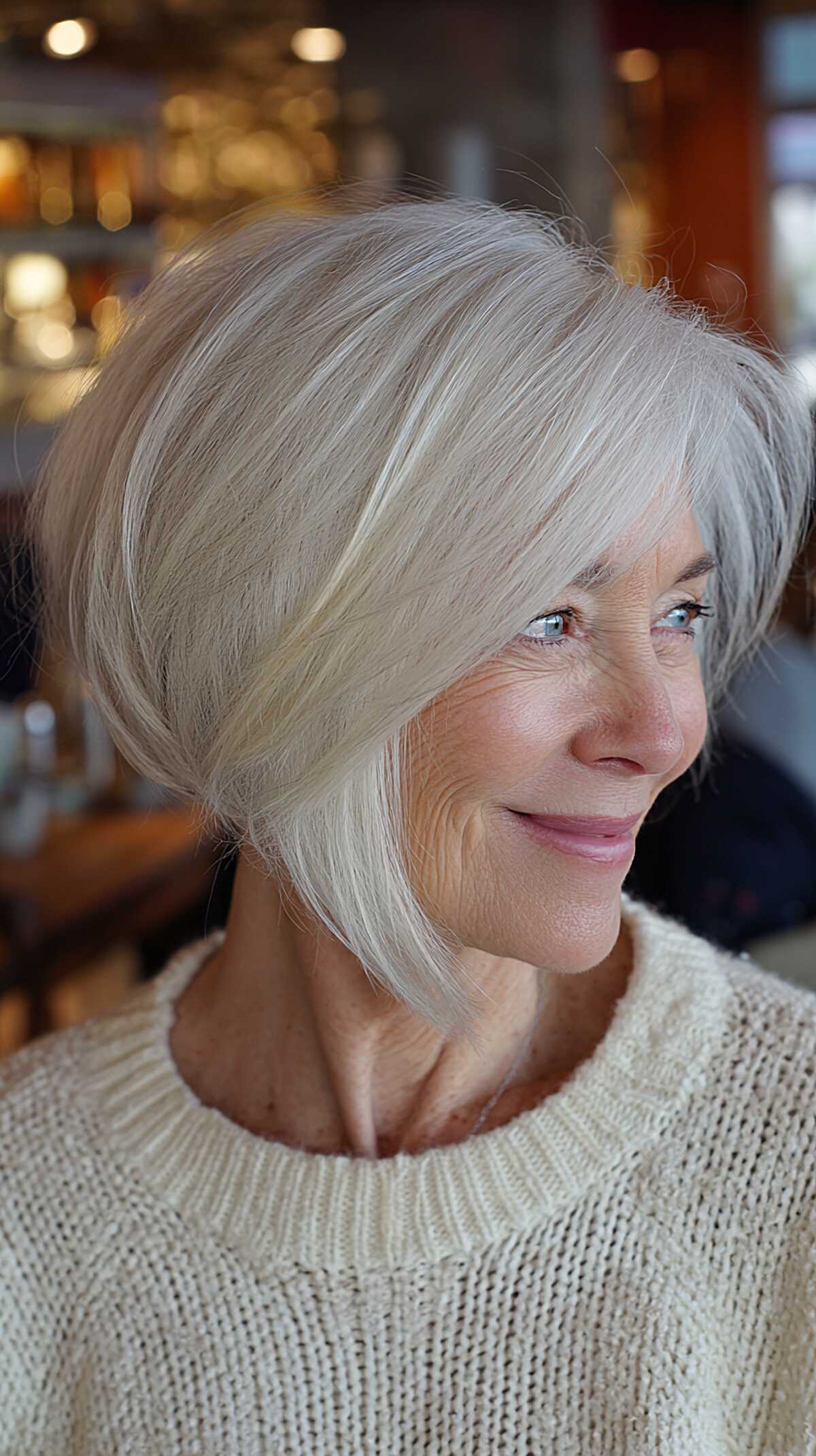 Platinum ice angled bob with long side-swept fringe