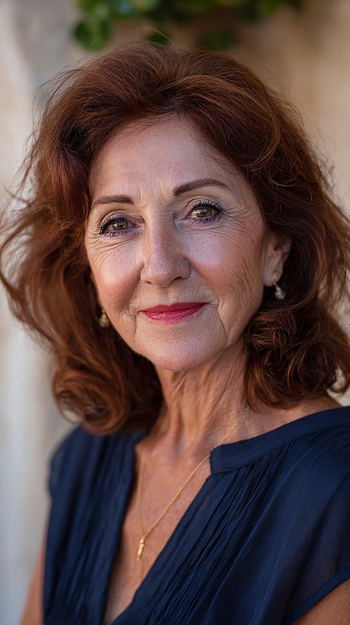 Rich auburn shoulder-length hair with full volume