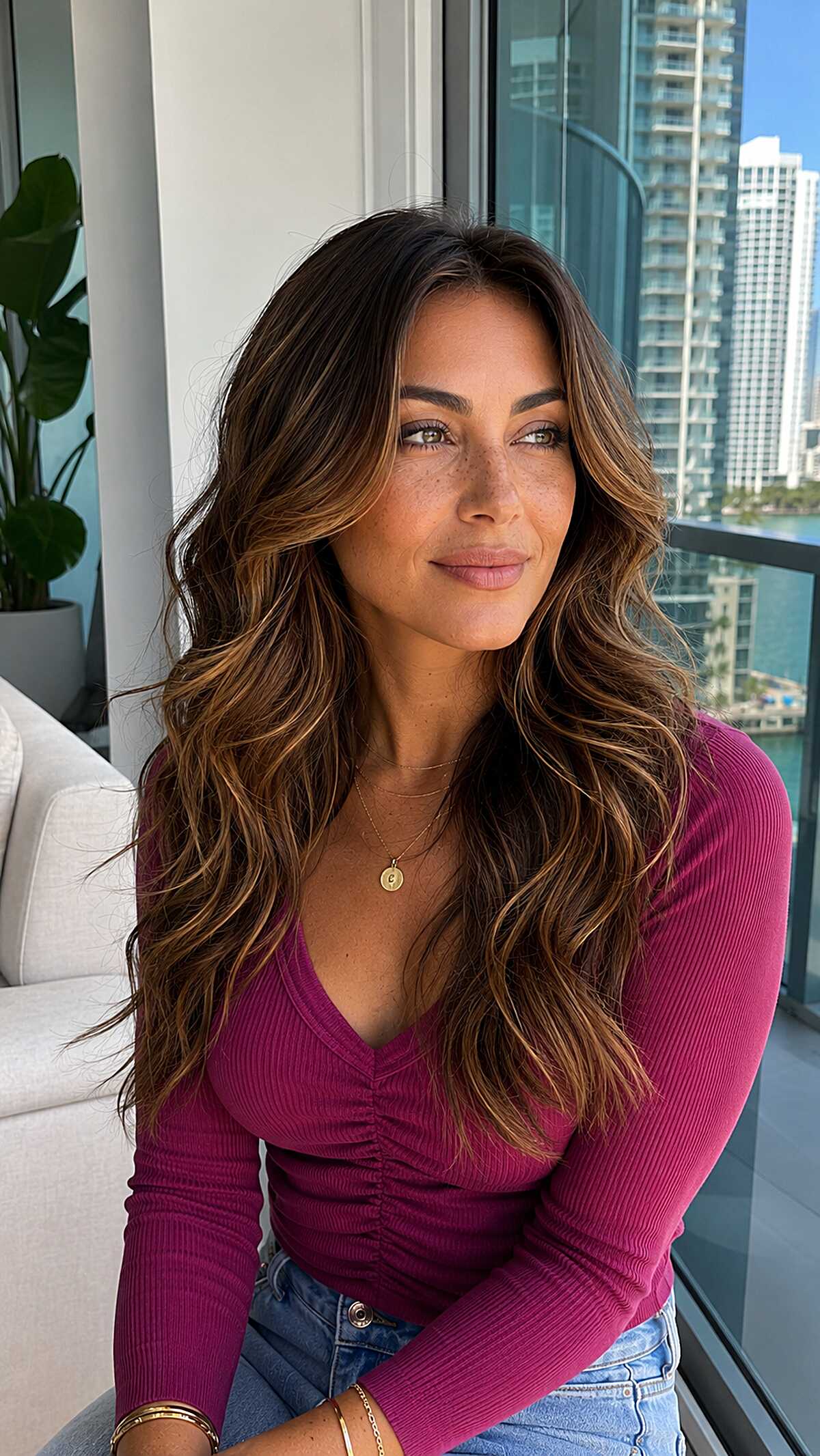 Long wavy brunette with caramel balayage highlights