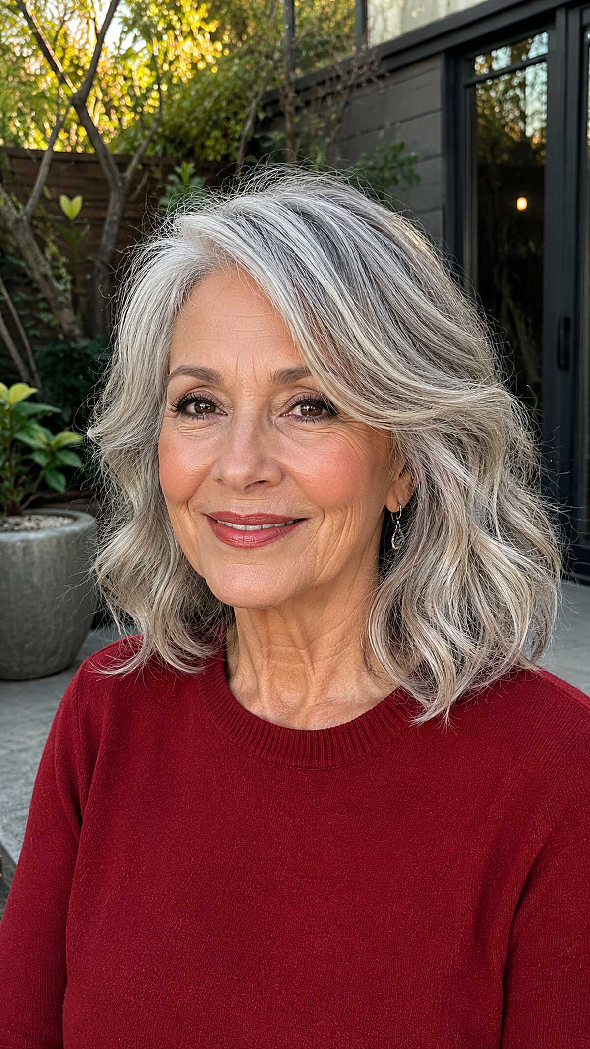 Silver and white wavy lob with side-swept bangs