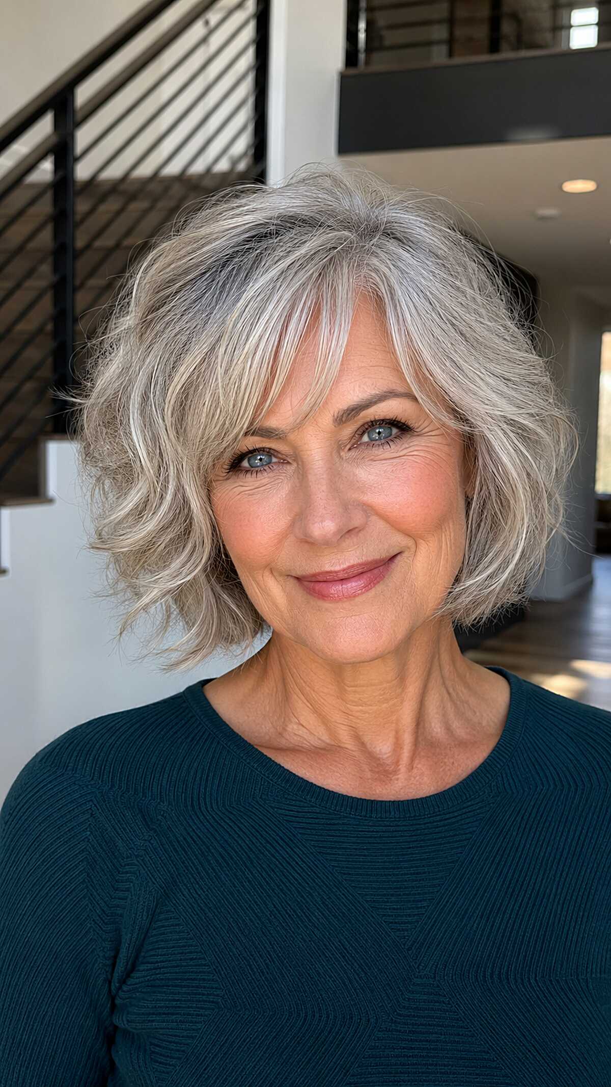 Chin-length silver layered bob with soft waves