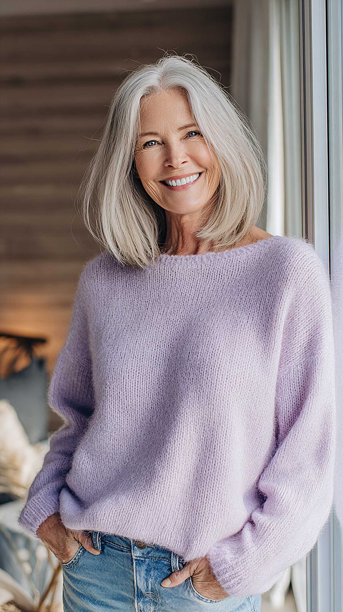 Silver shoulder-length hair with soft movement and body