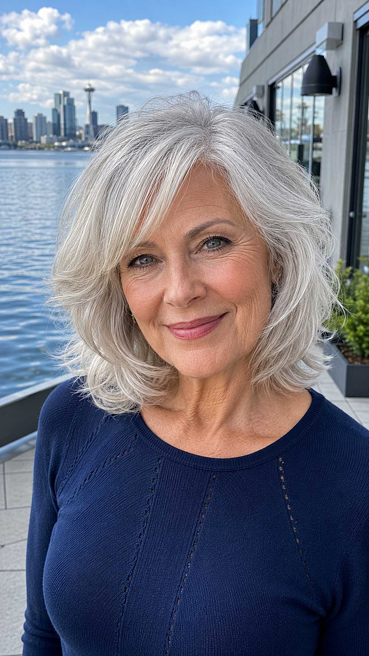 Silver shoulder-length wavy bob with flipped-out ends