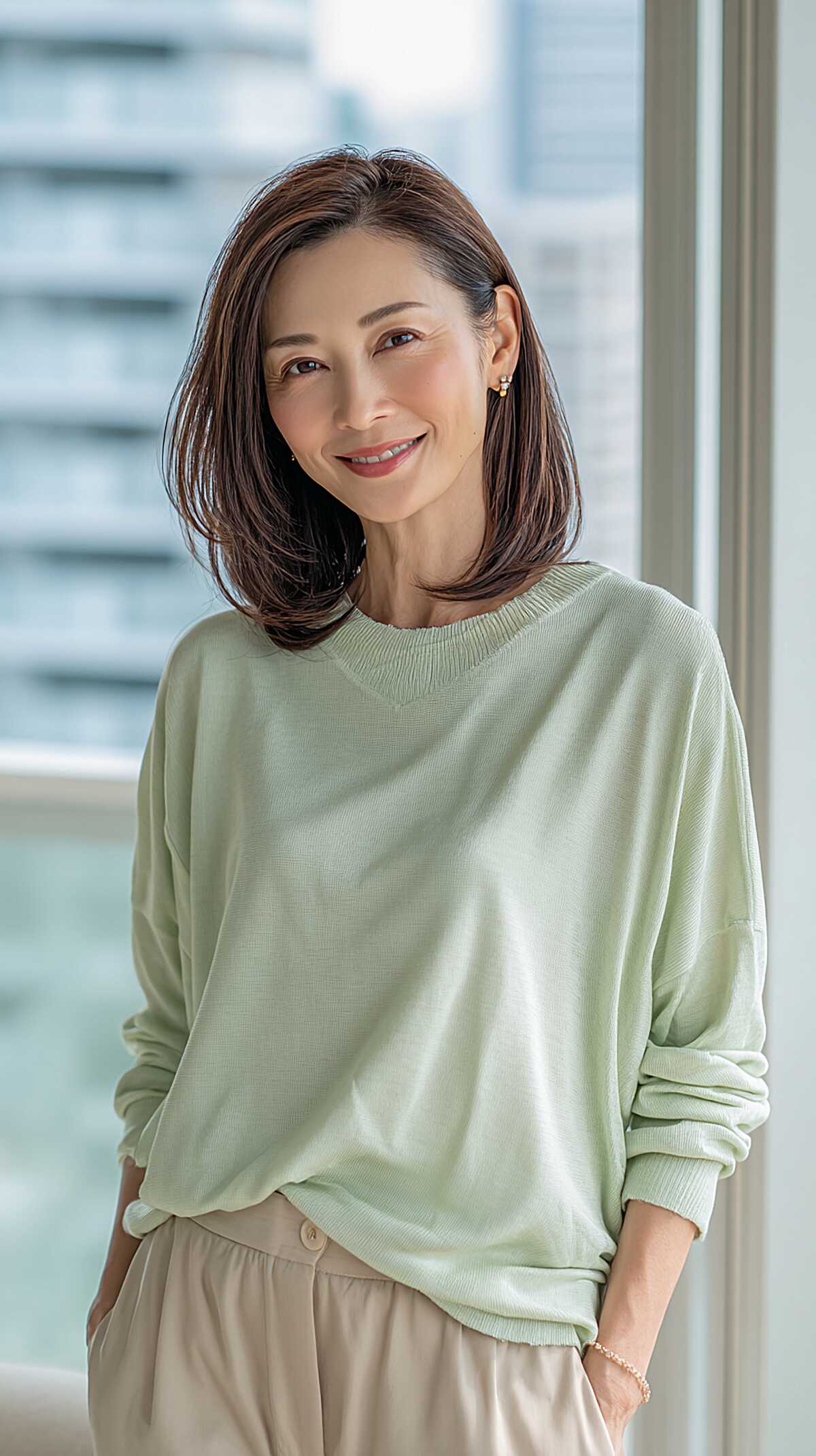 Sleek dark shoulder-length bob with inward-turned ends
