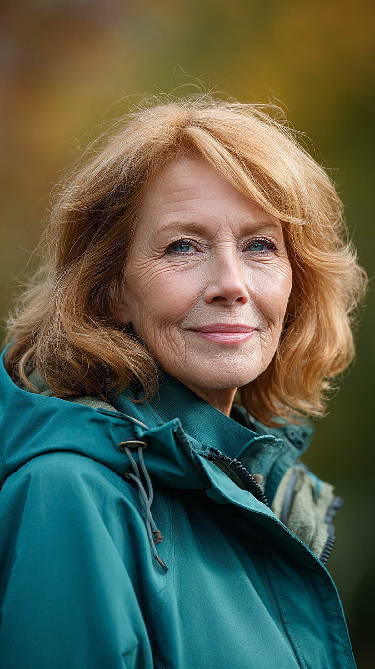 Soft strawberry blonde shoulder-length with gentle waves